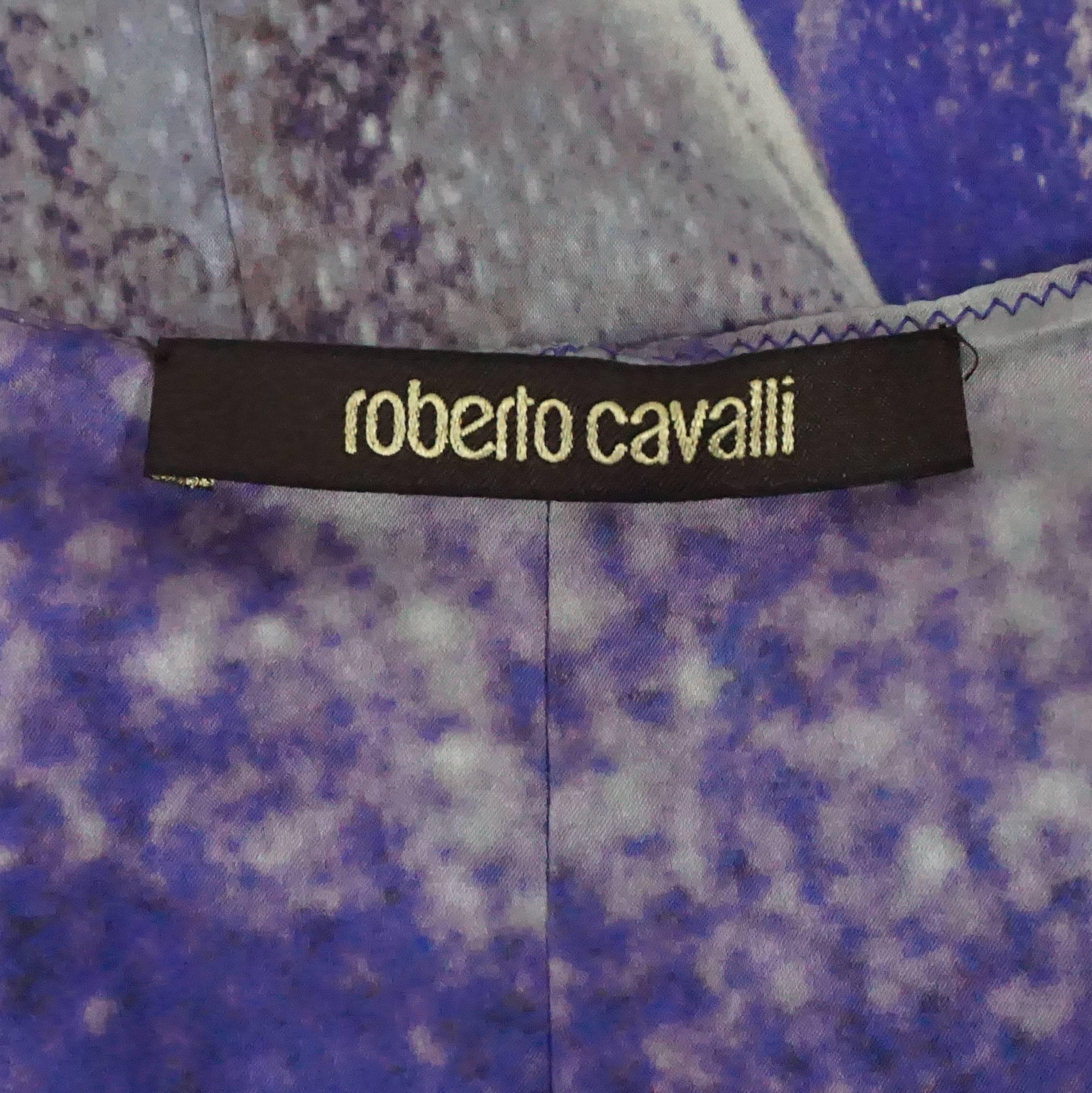 Roberto Cavalli Purple Printed Silk Ruched Dress - 44 In Excellent Condition In West Palm Beach, FL