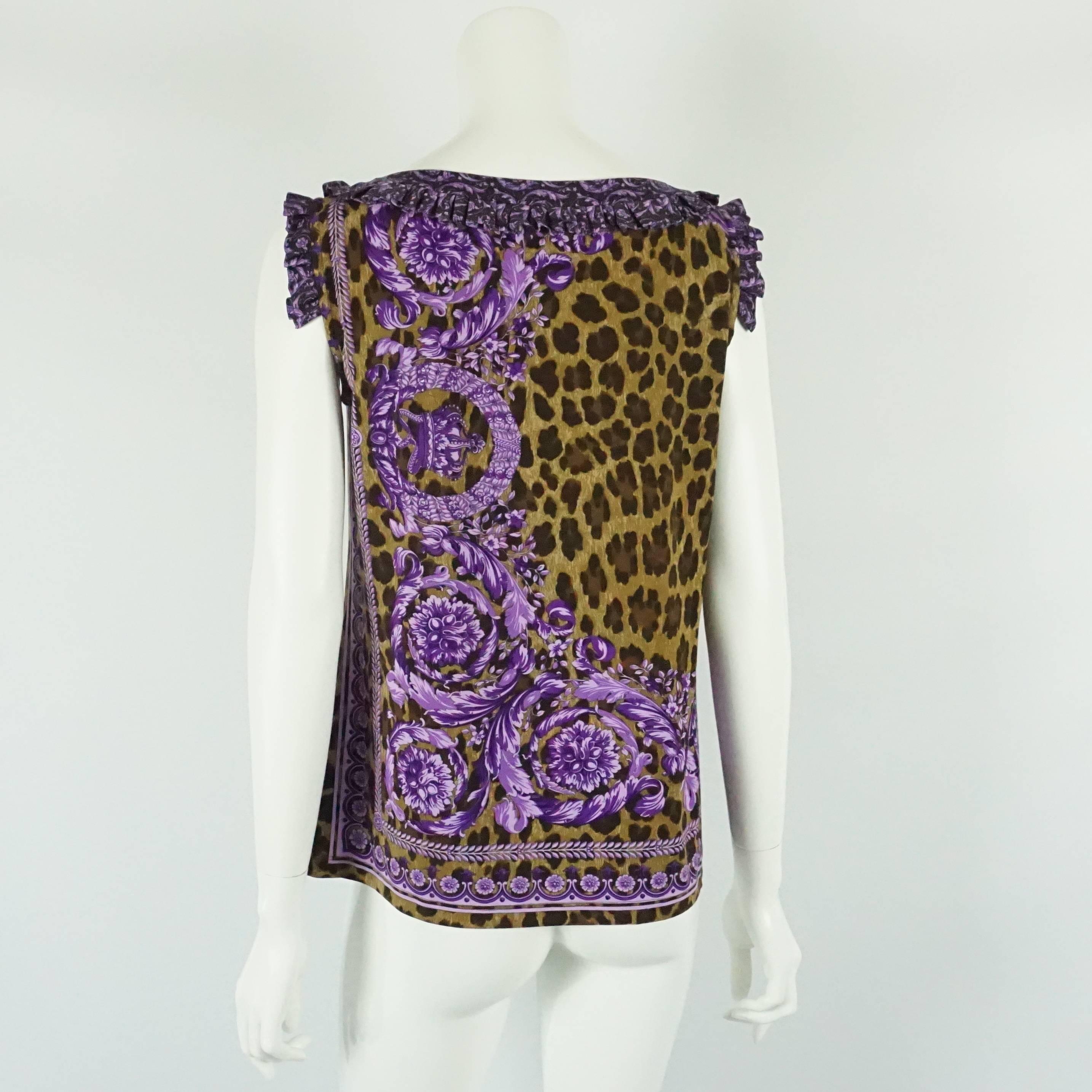 Gray Versace Animal Print and Purple Cotton Top with Ruffles - XL