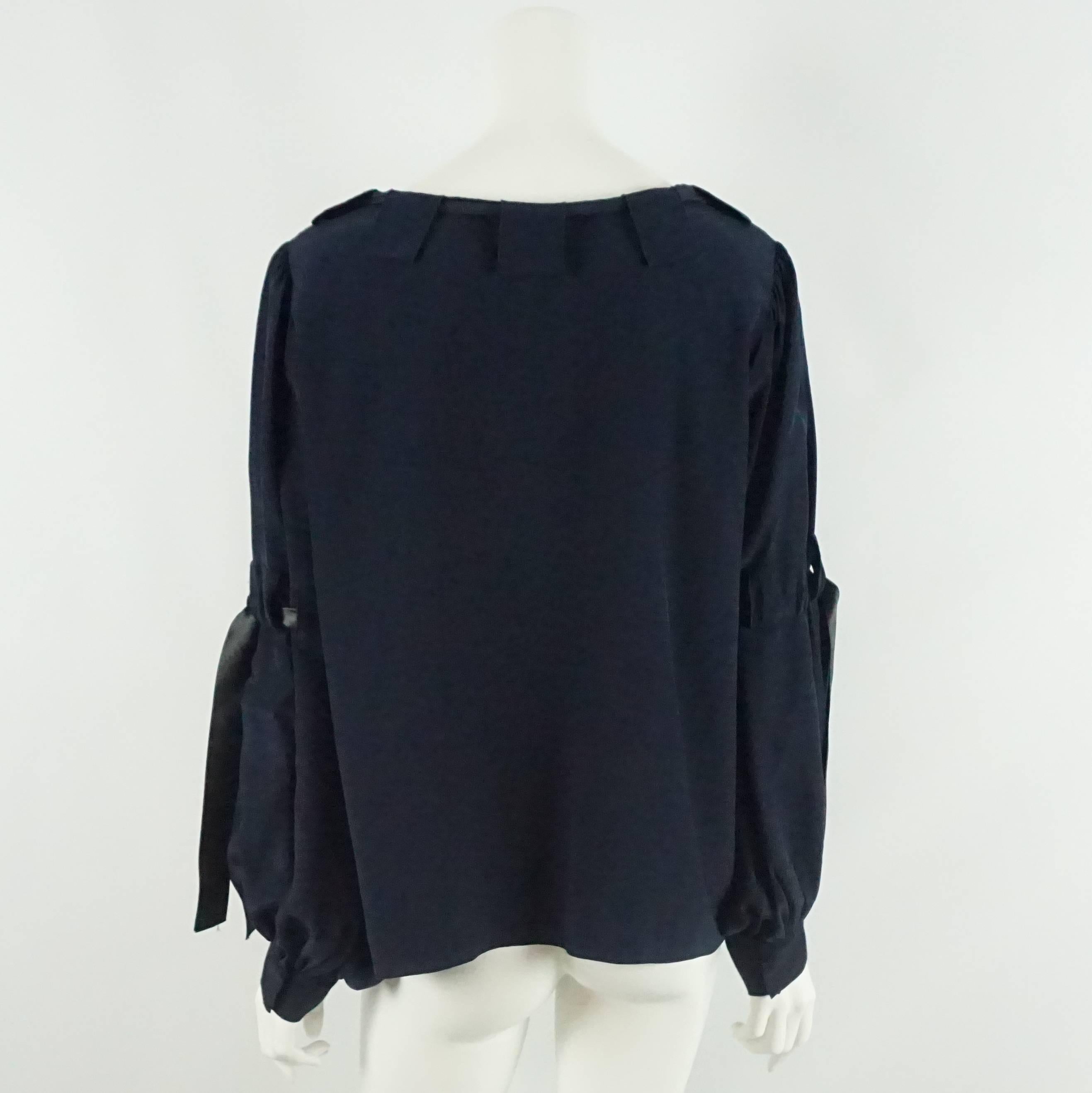 Black Oscar de la Renta Navy Silk Long Sleeve Top with Ties - L