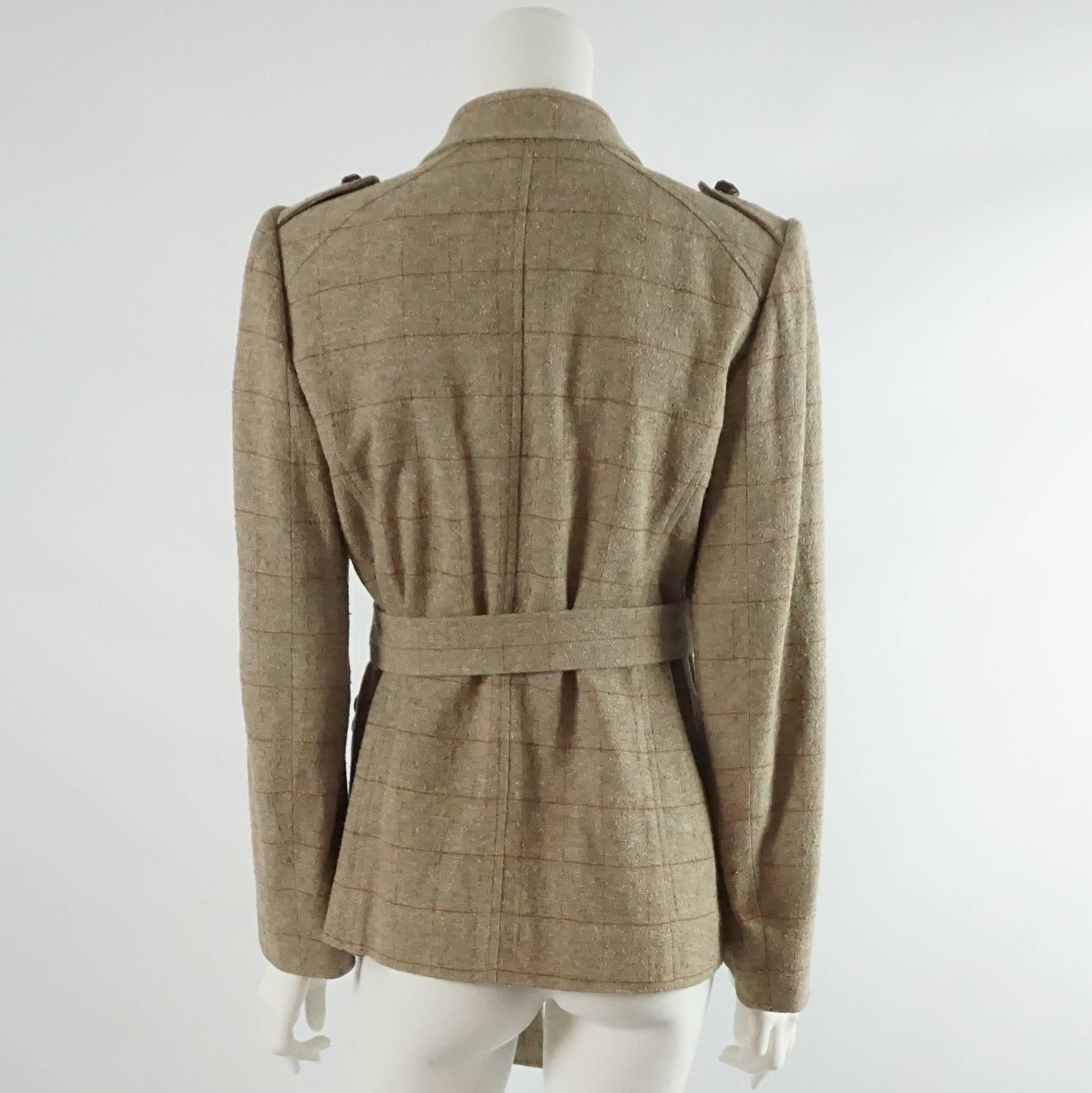 Brown YSL Rive Gauche Tan Windowpane Jacket with Belt - 42