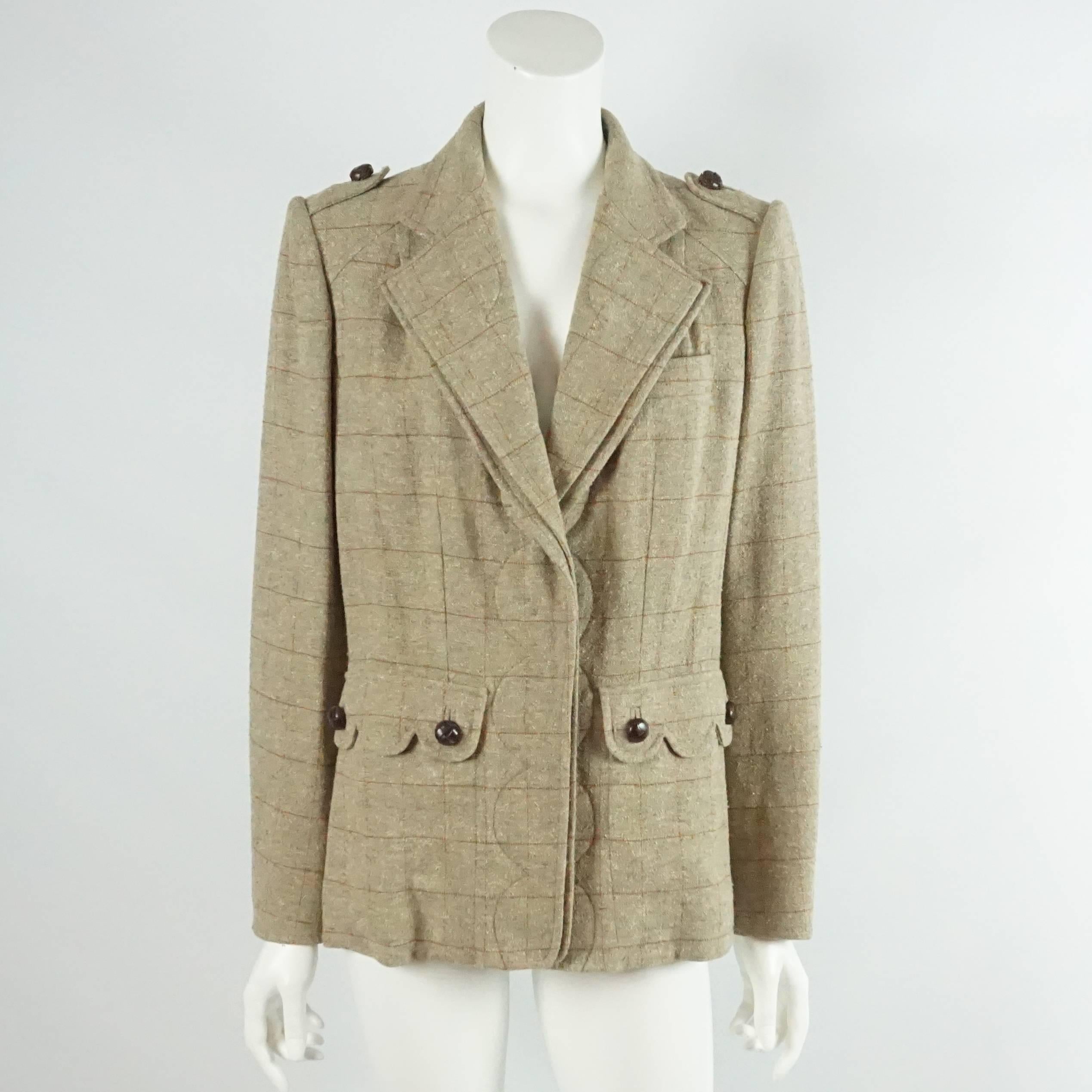 YSL Rive Gauche Tan Windowpane Jacket with Belt - 42 In Excellent Condition In West Palm Beach, FL