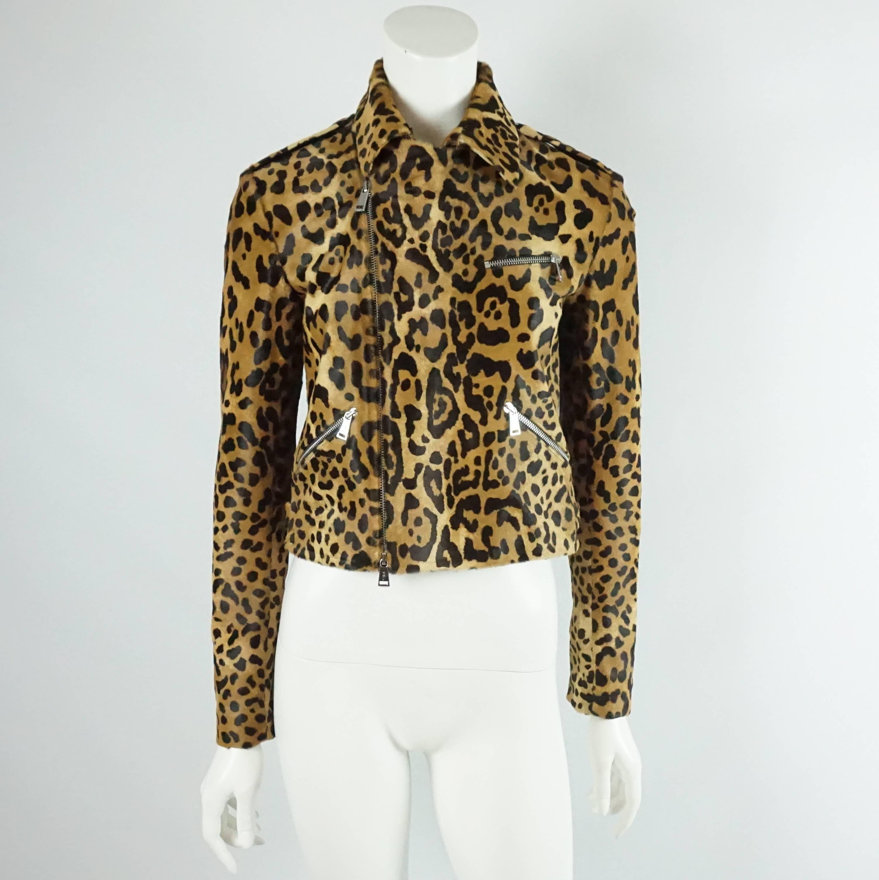 Brown Ralph Lauren Leopard Print Calf Hair Motorcycle Jacket - 2