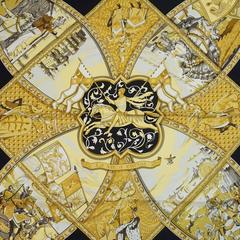 Hermes Black and Gold "La Vie a Cheval" Silk Print Scarf