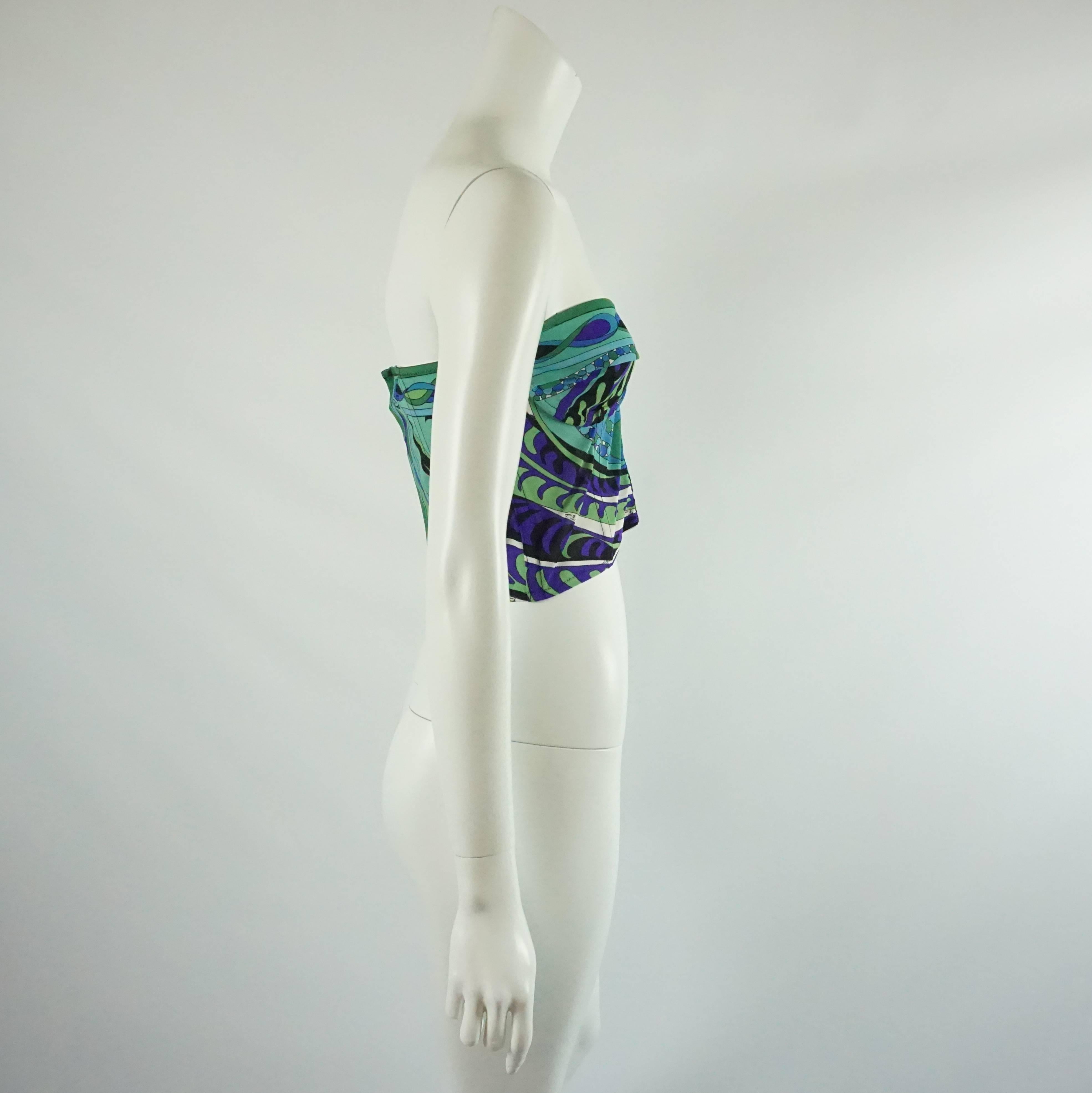 Emilio Pucci Blue & Green Print Mesh Bustier Top - M - 1970's. This top is a collector's find. It's cropped style and boned bodice makes it a sexy piece to layer or wear on its own. It is in very good vintage condition with light wear consistent