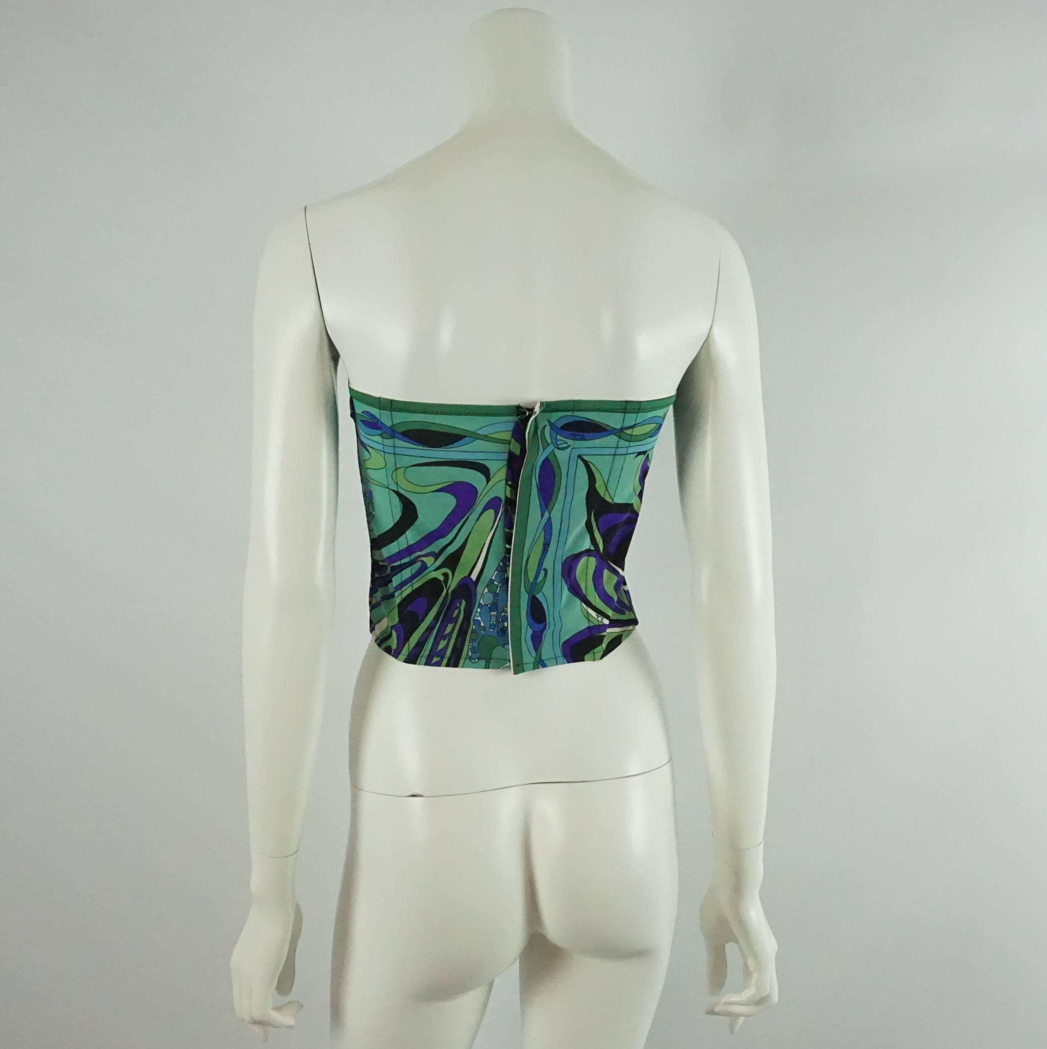 Emilio Pucci Blue & Green Print Mesh Bustier Top - M - 1970's  In Good Condition In West Palm Beach, FL