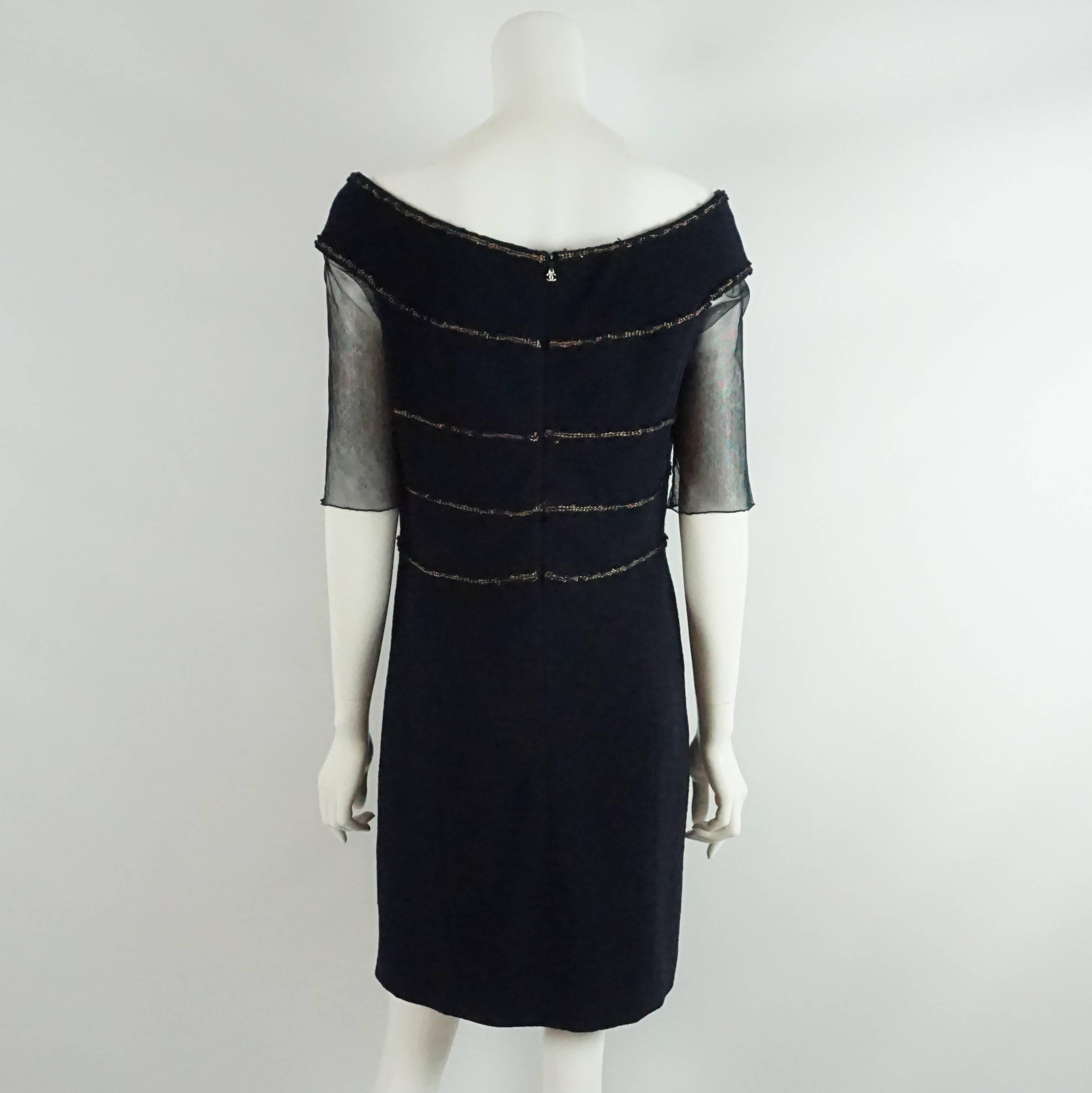 Black Chanel Navy Wool Dress with Mesh Sleeves - 42