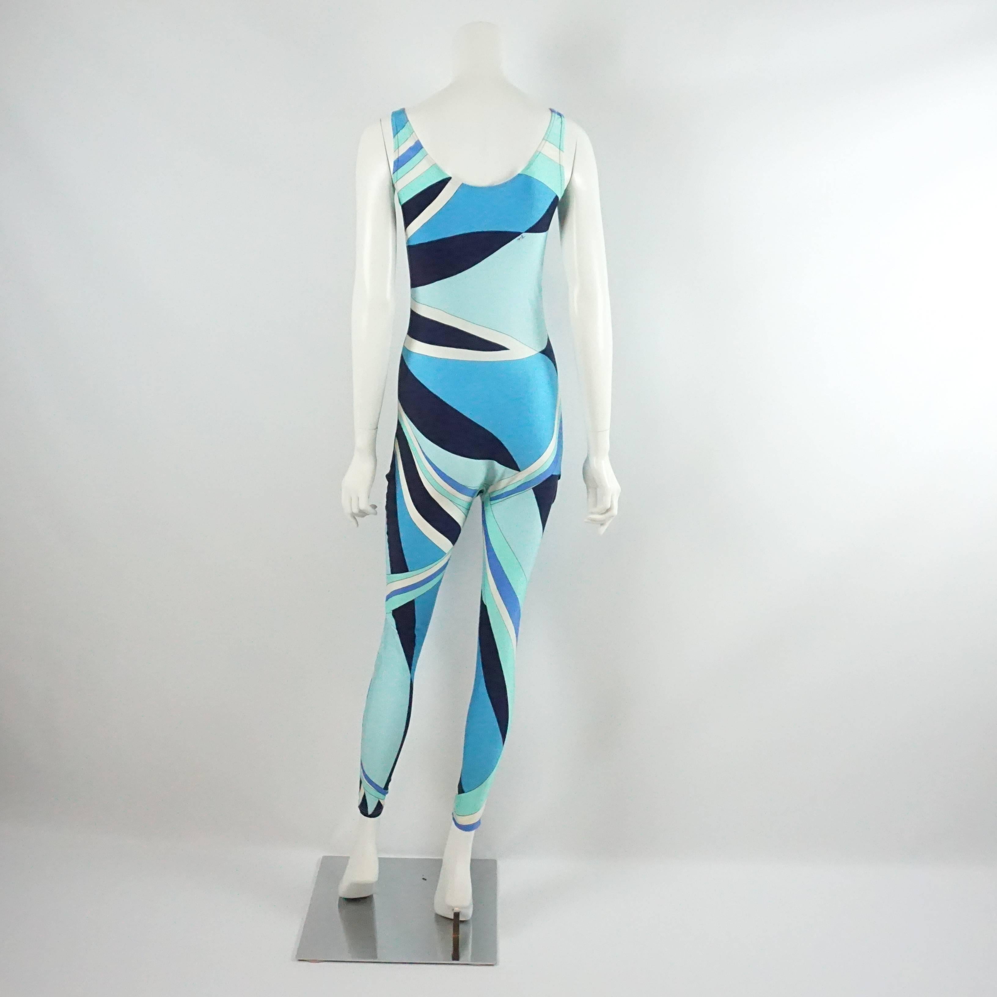 Emilio Pucci Blue Printed Sleeveless Jumpsuit - L - 1970's  In Good Condition In West Palm Beach, FL