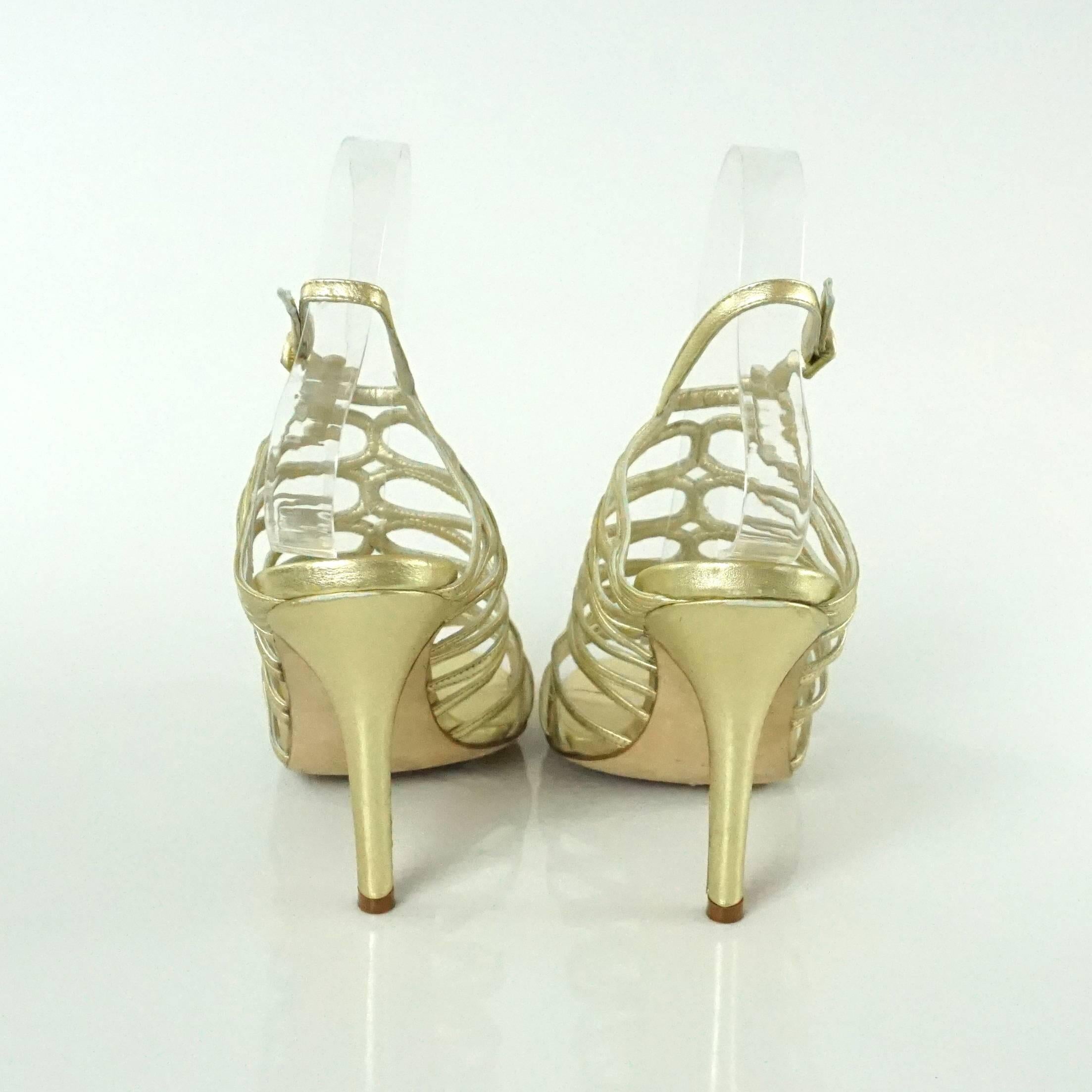 Women's Manolo Blahnik Gold Leather Caged Heels - 37
