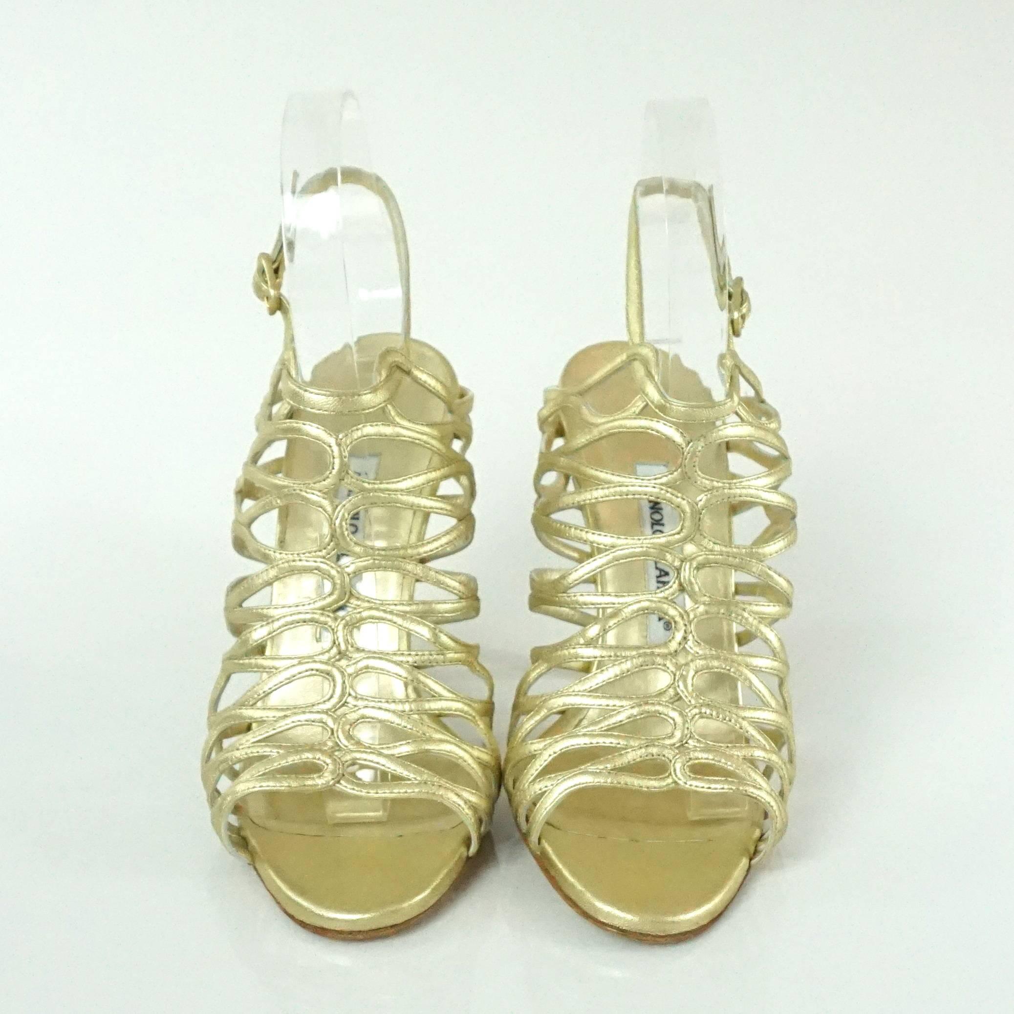 Manolo Blahnik Gold Leather Caged Heels - 37 In New Condition In West Palm Beach, FL