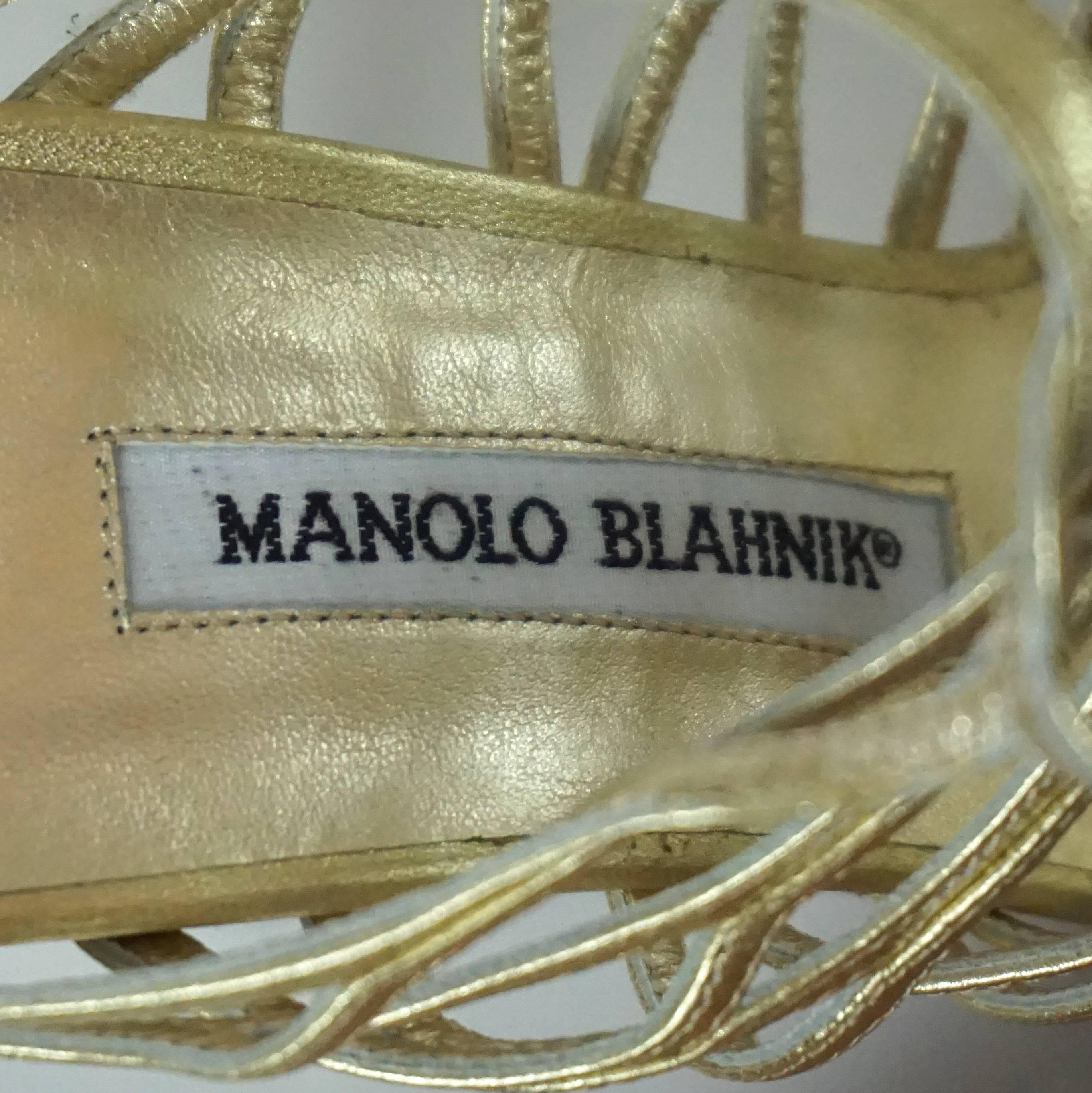 Manolo Blahnik Gold Leather Caged Heels - 37 2