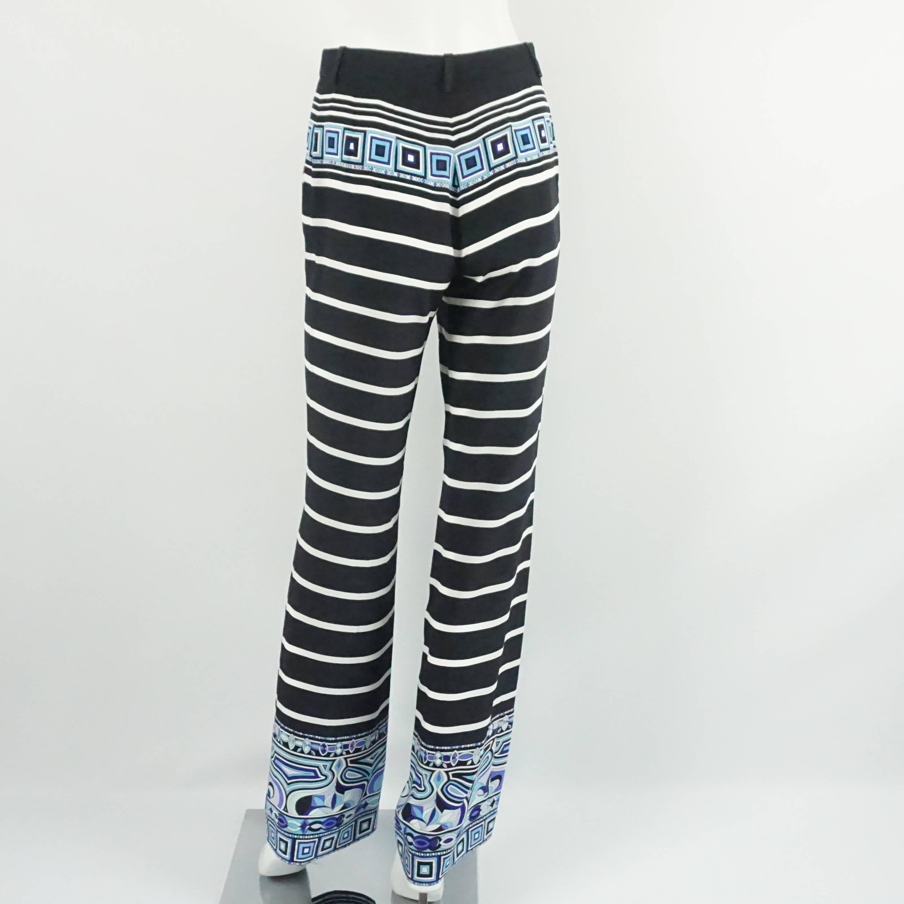 Emilio Pucci Black and White Silk Striped Pants with Blue Print Detail - 4 In Excellent Condition In West Palm Beach, FL