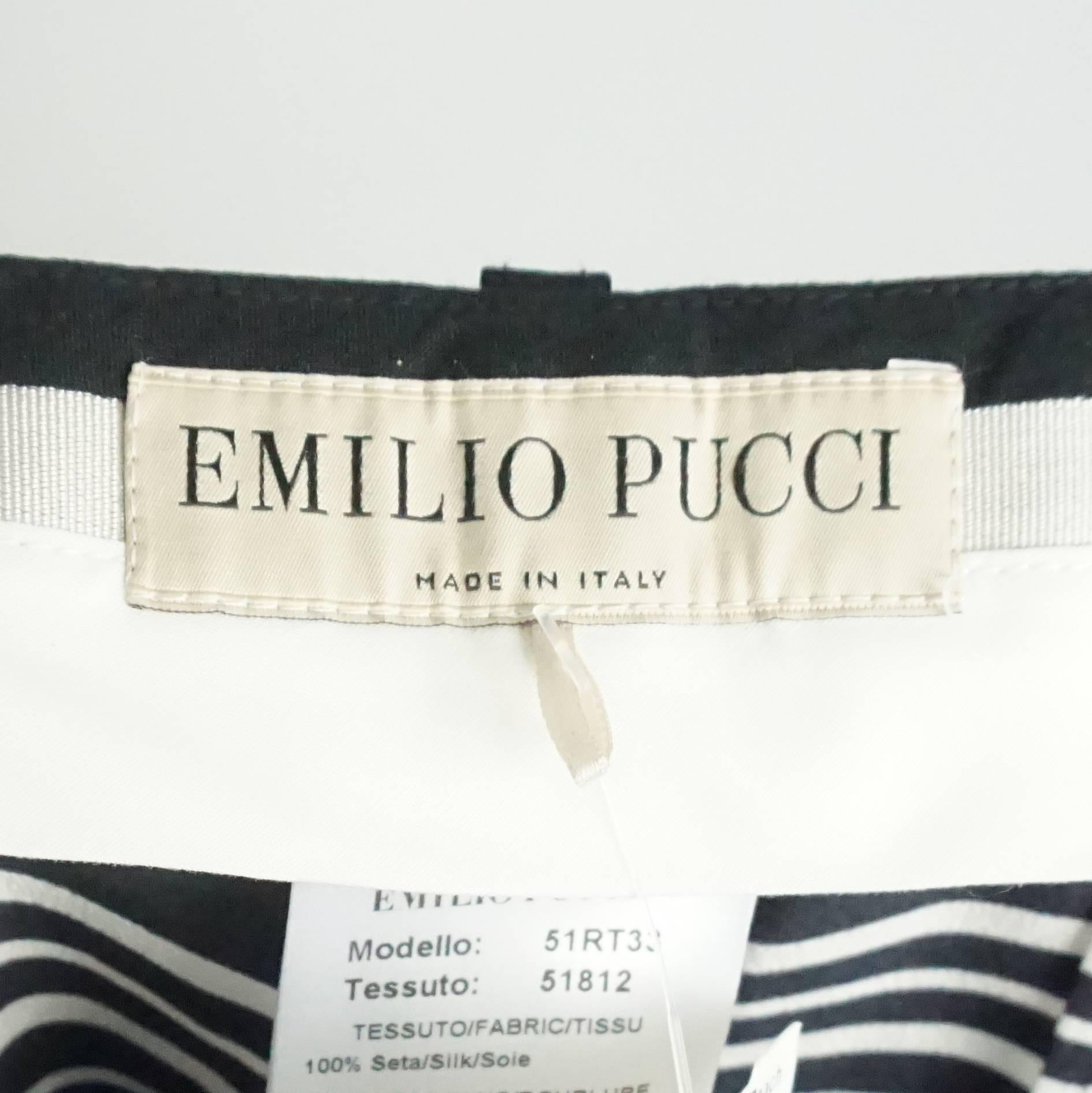 Women's Emilio Pucci Black and White Silk Striped Pants with Blue Print Detail - 4