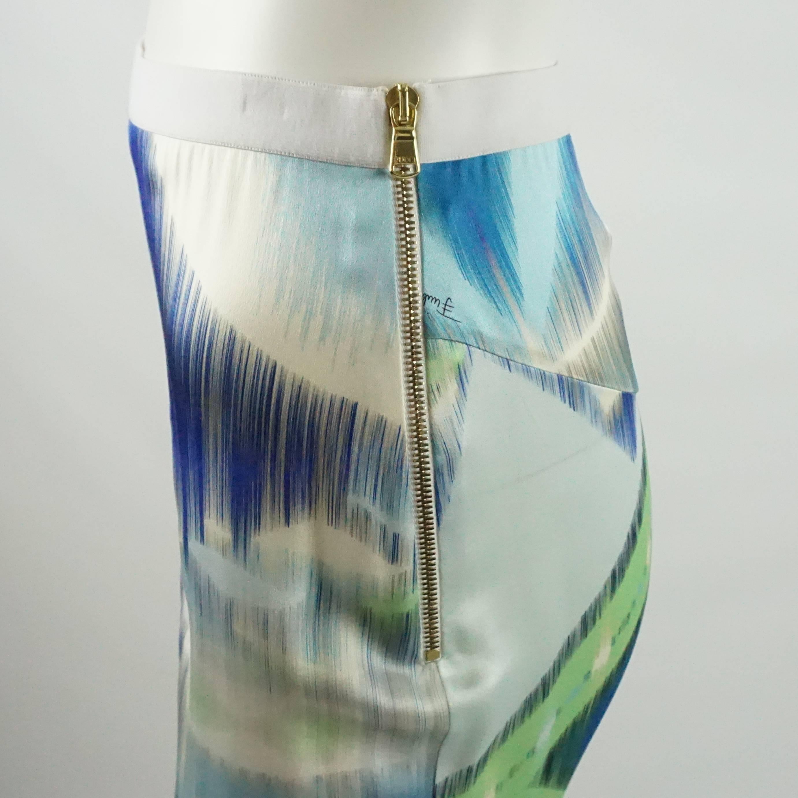 Emilio Pucci Blue and Green Silk Printed Maxi Skirt - 6 In Good Condition In West Palm Beach, FL