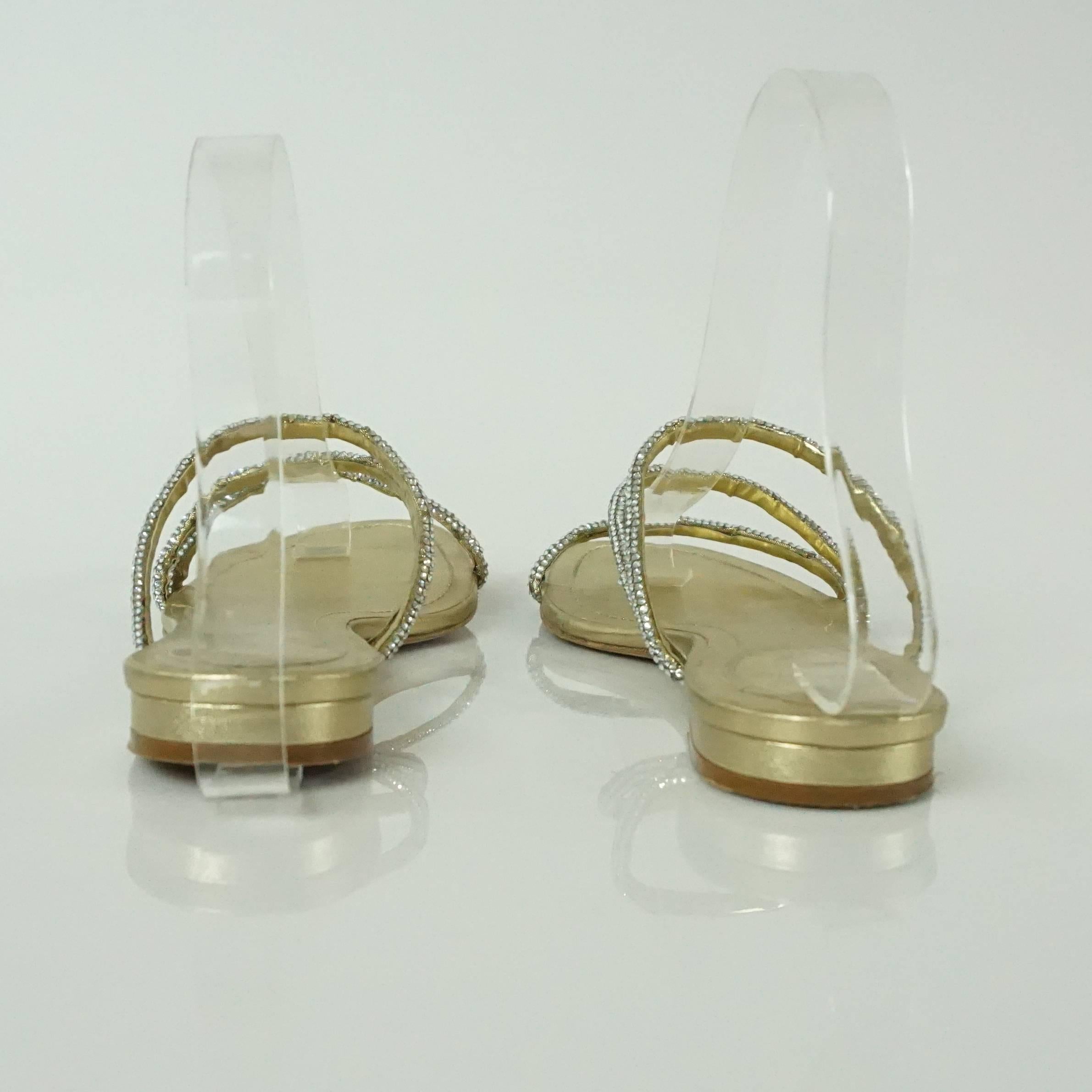 Rene Caovilla Gold Rhinestone Covered Strappy Flat Heels - 37.5 In Good Condition In West Palm Beach, FL