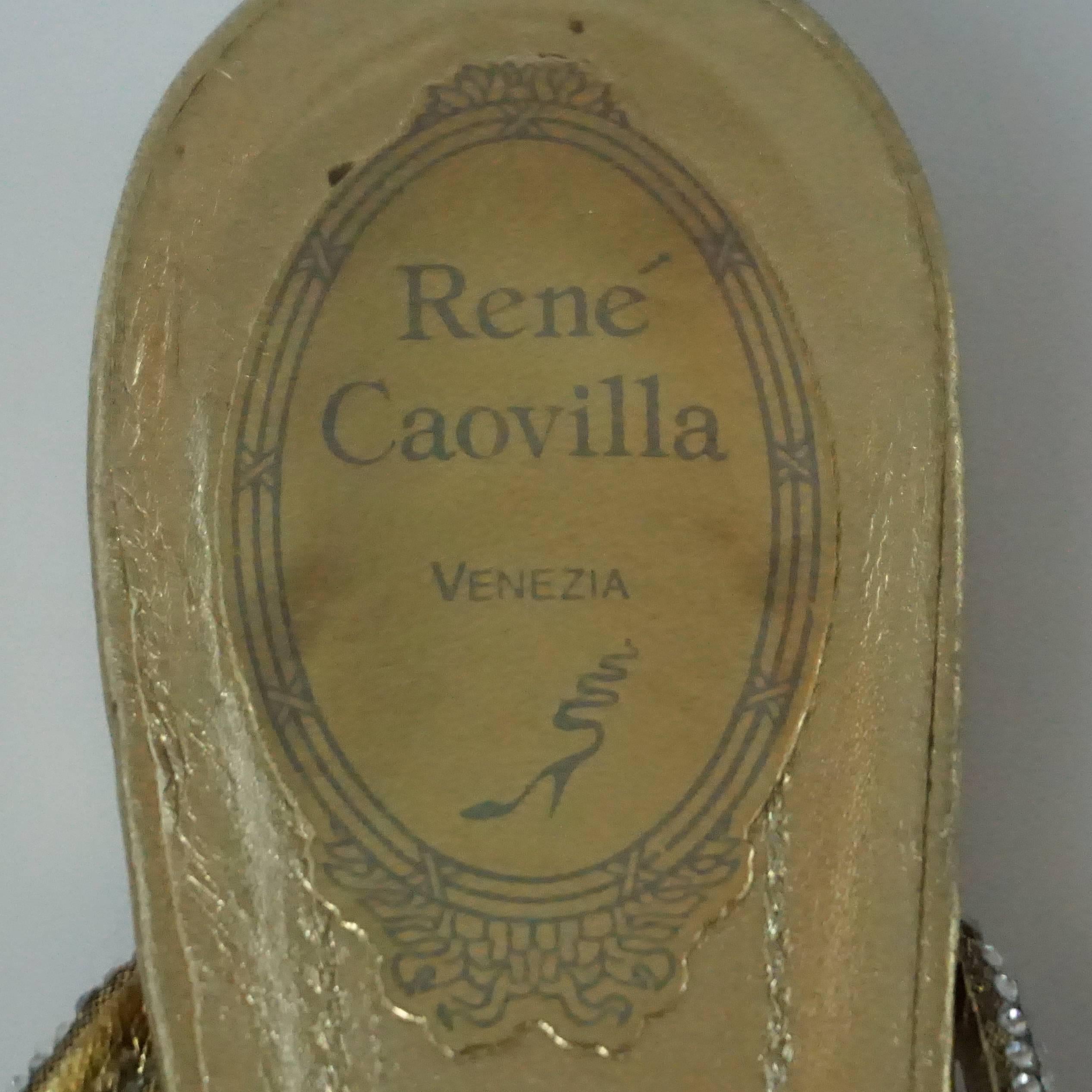 Rene Caovilla Gold Rhinestone Covered Strappy Flat Heels - 37.5 1