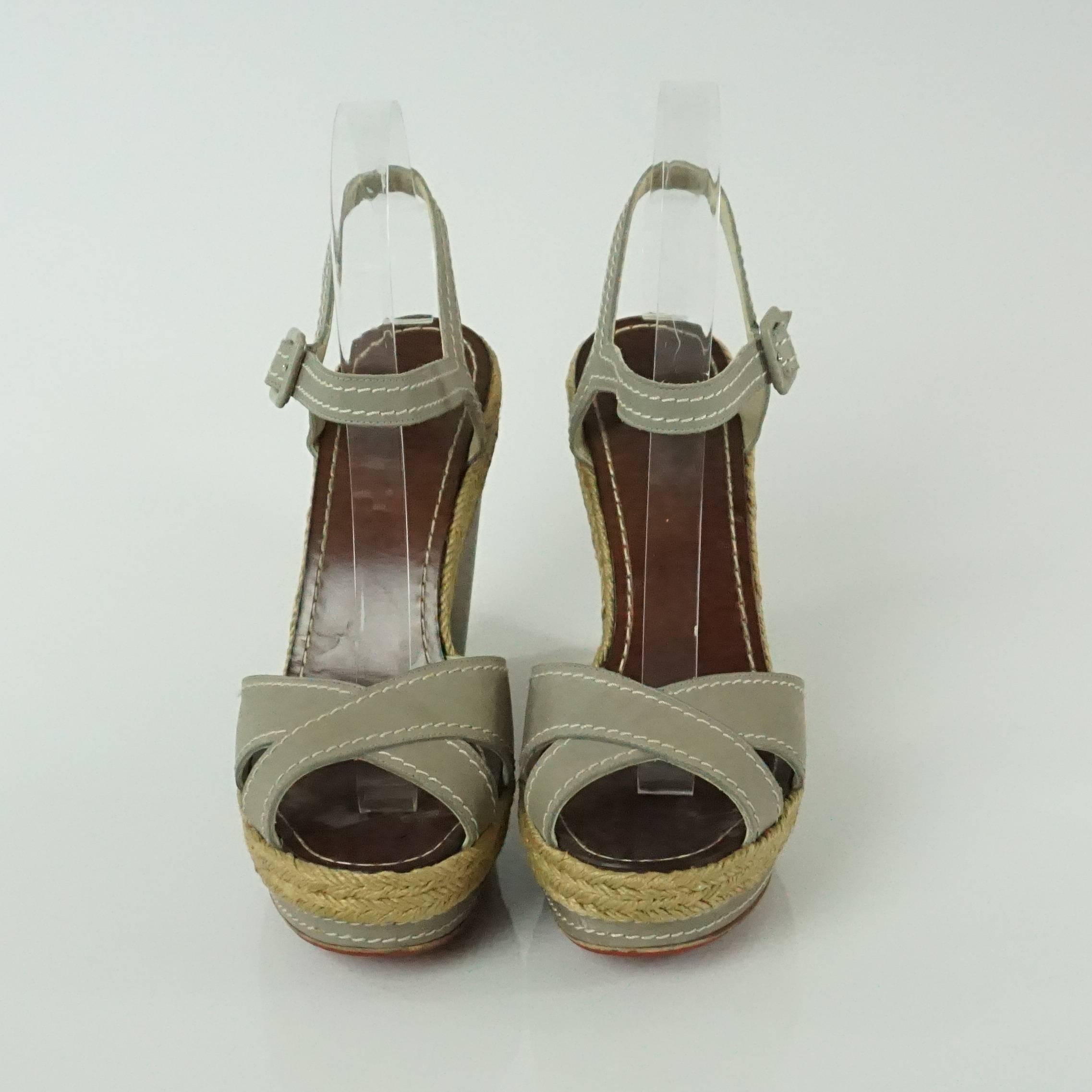 Brown Christian Louboutin Taupe Leather Wedges with Ankle Strap - 40