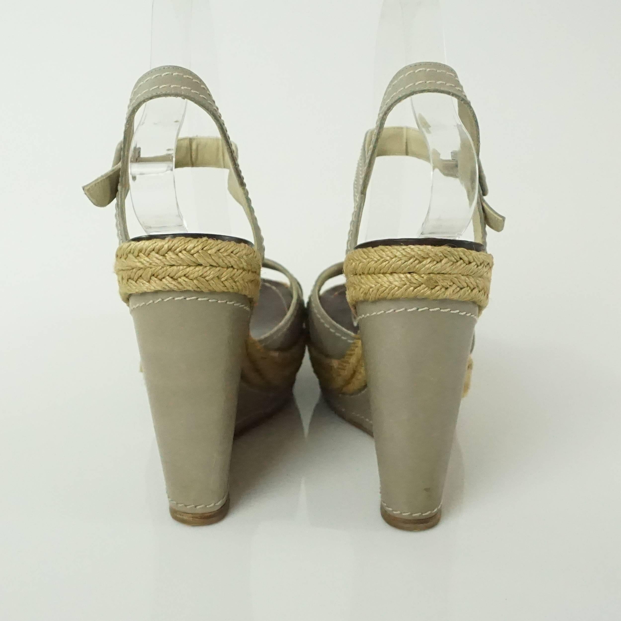 Christian Louboutin Taupe Leather Wedges with Ankle Strap - 40 In Good Condition In West Palm Beach, FL