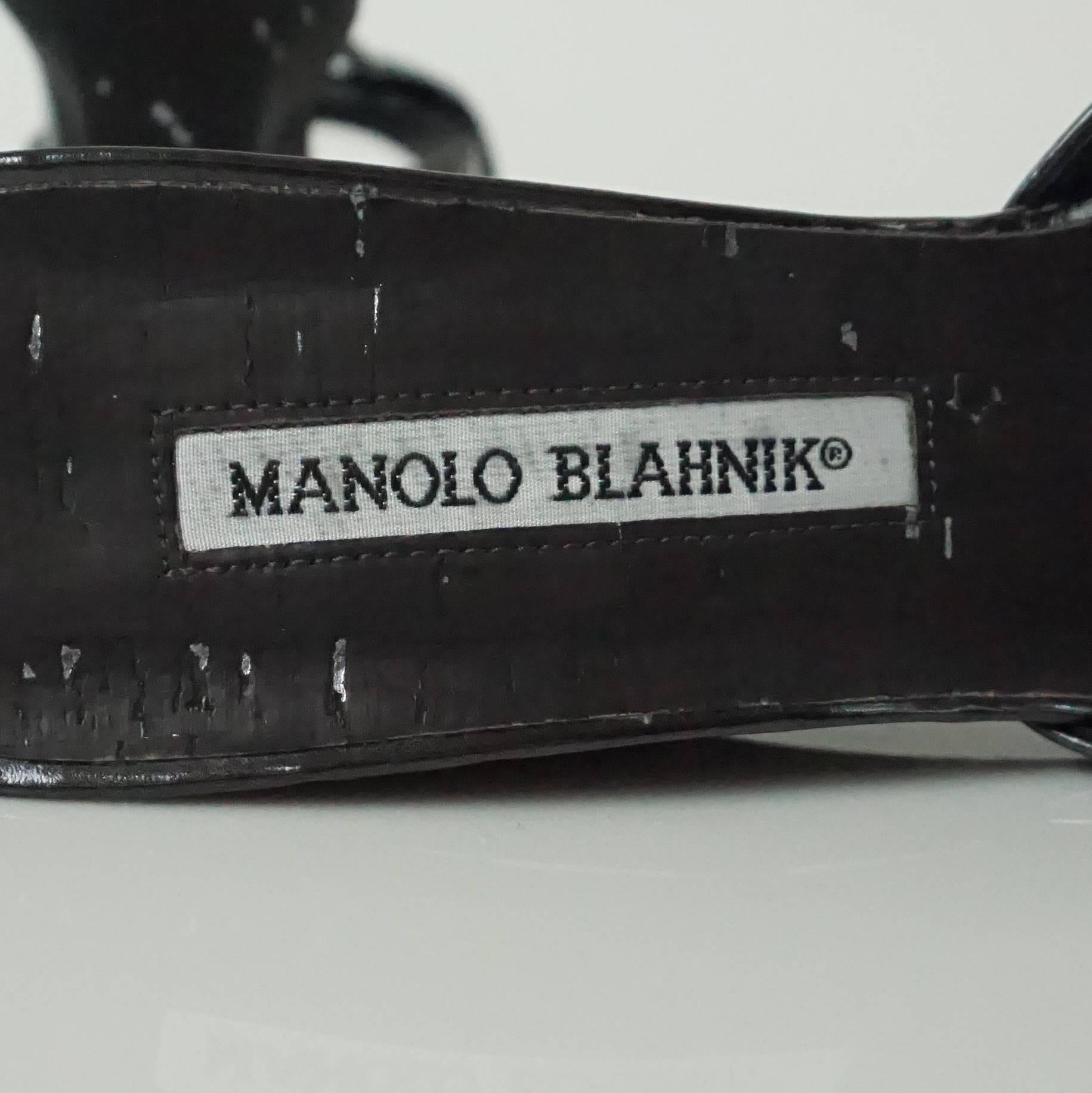 Manolo Blahnik Black Patent Cork Wedges - 37 2