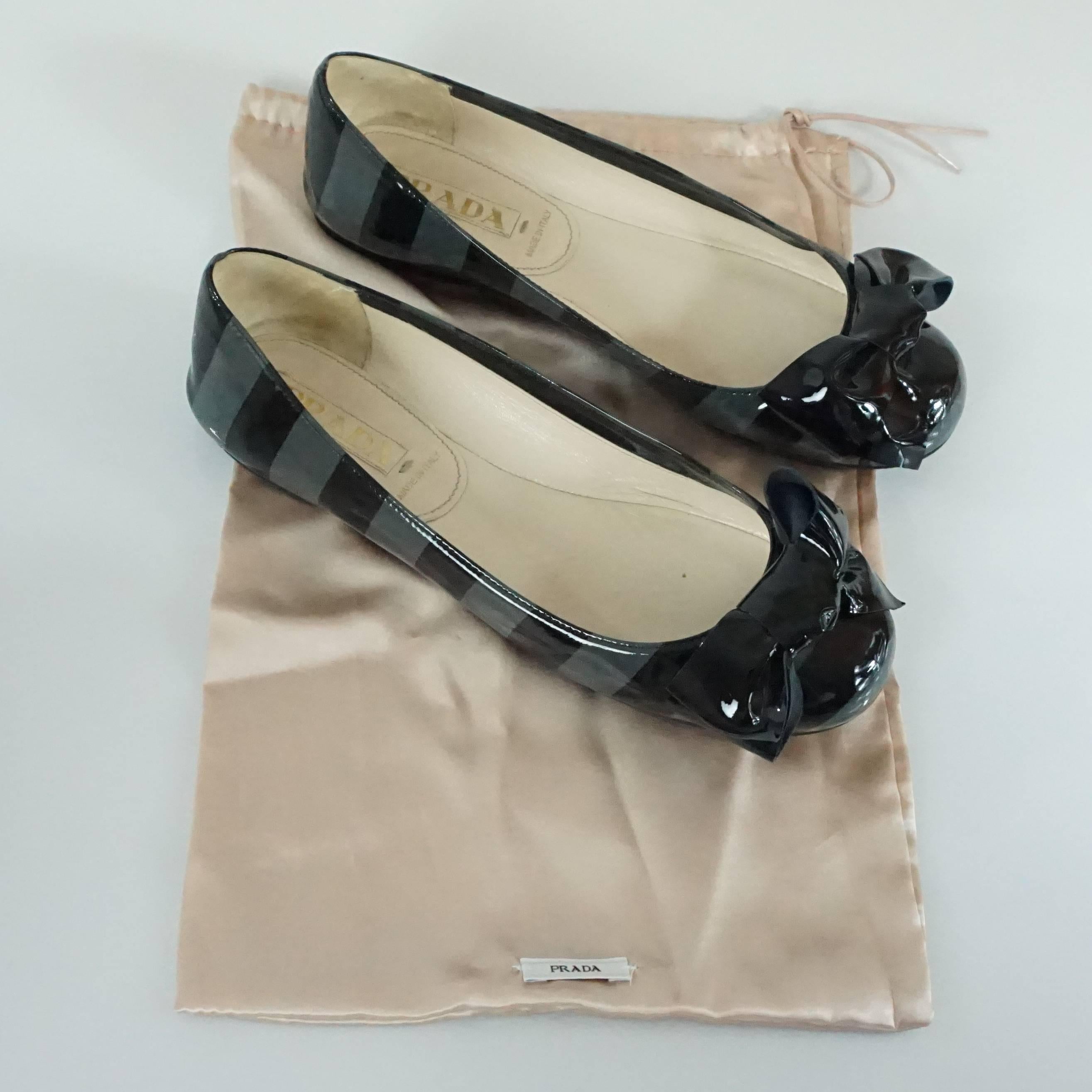 Prada Black and Gray Patent Striped Flats with Bow - 36 3