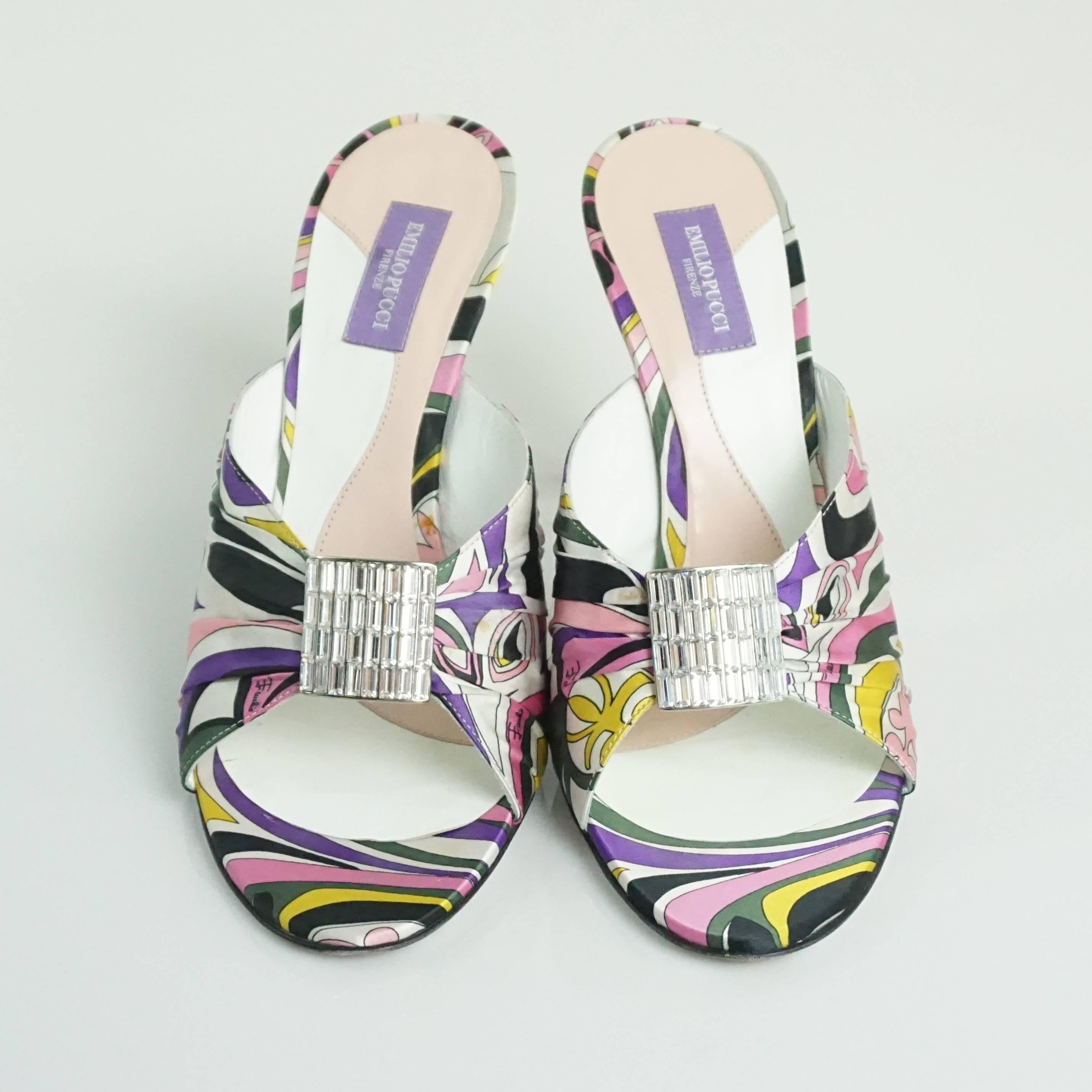Gray Emilio Pucci Multi Silk Slide with leather heel and rhinestone front detail-37