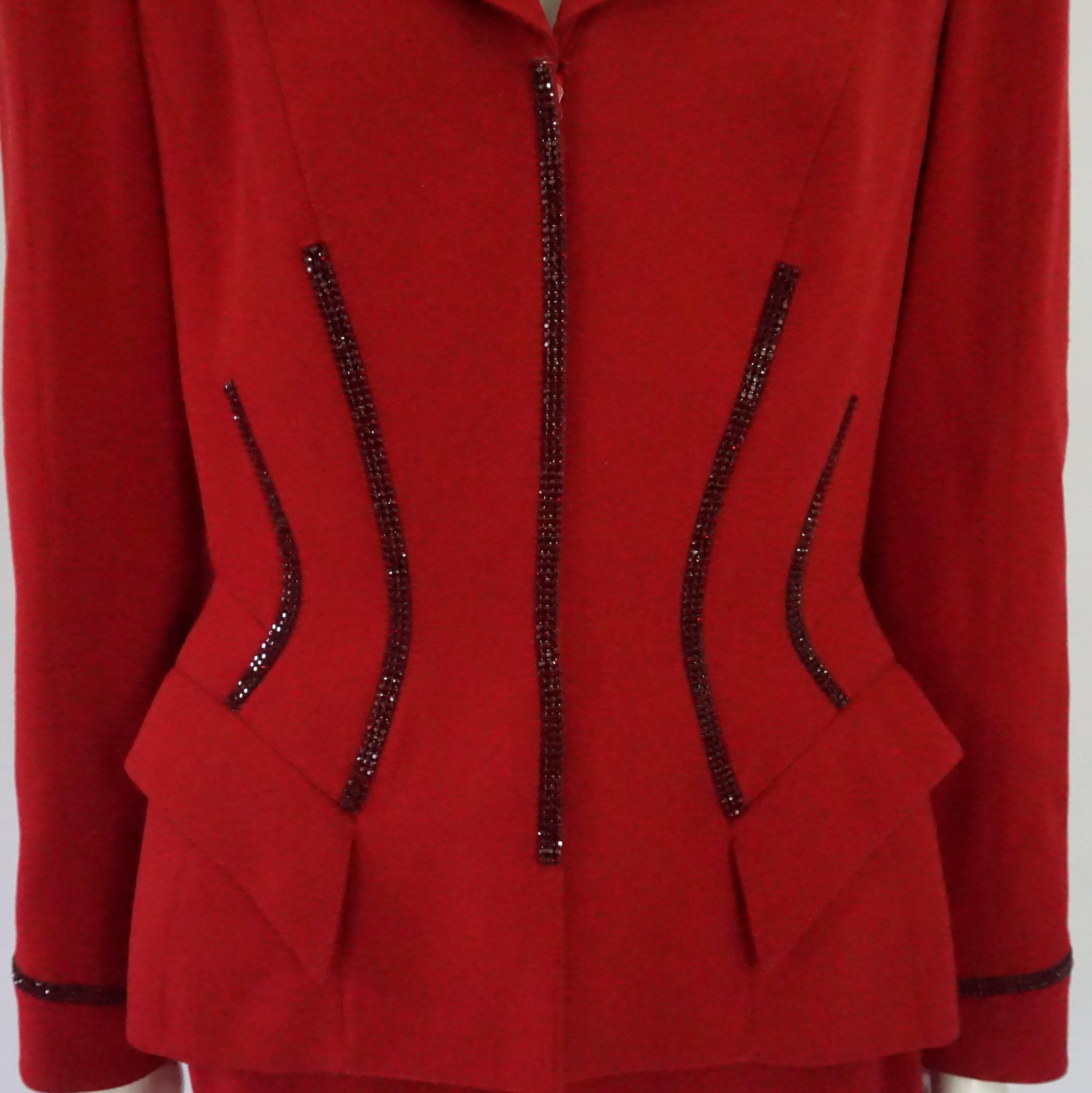 Thierry Mugler Red Wool Skirt Suit with Rhinestone Detail - 42 - Circa 80's In Good Condition In West Palm Beach, FL