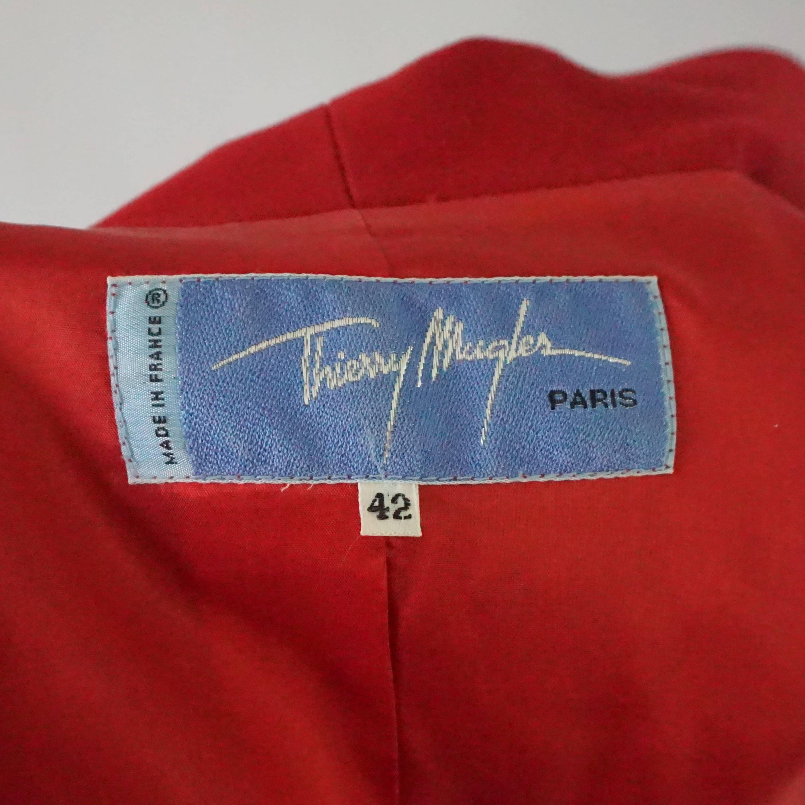 Women's Thierry Mugler Red Wool Skirt Suit with Rhinestone Detail - 42 - Circa 80's