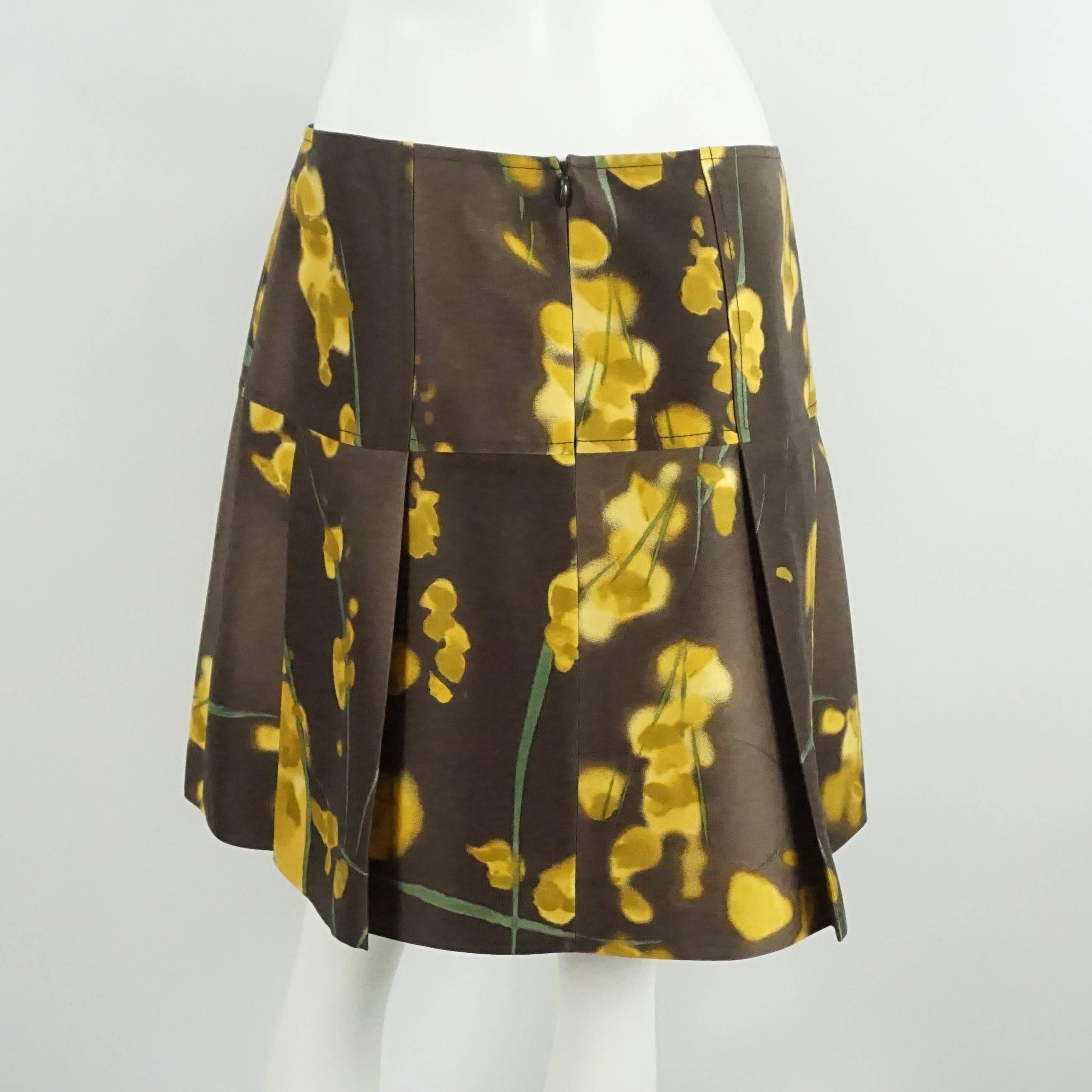 Black Oscar de la Renta Brown, Yellow, and Green Print Silk Skirt - 10