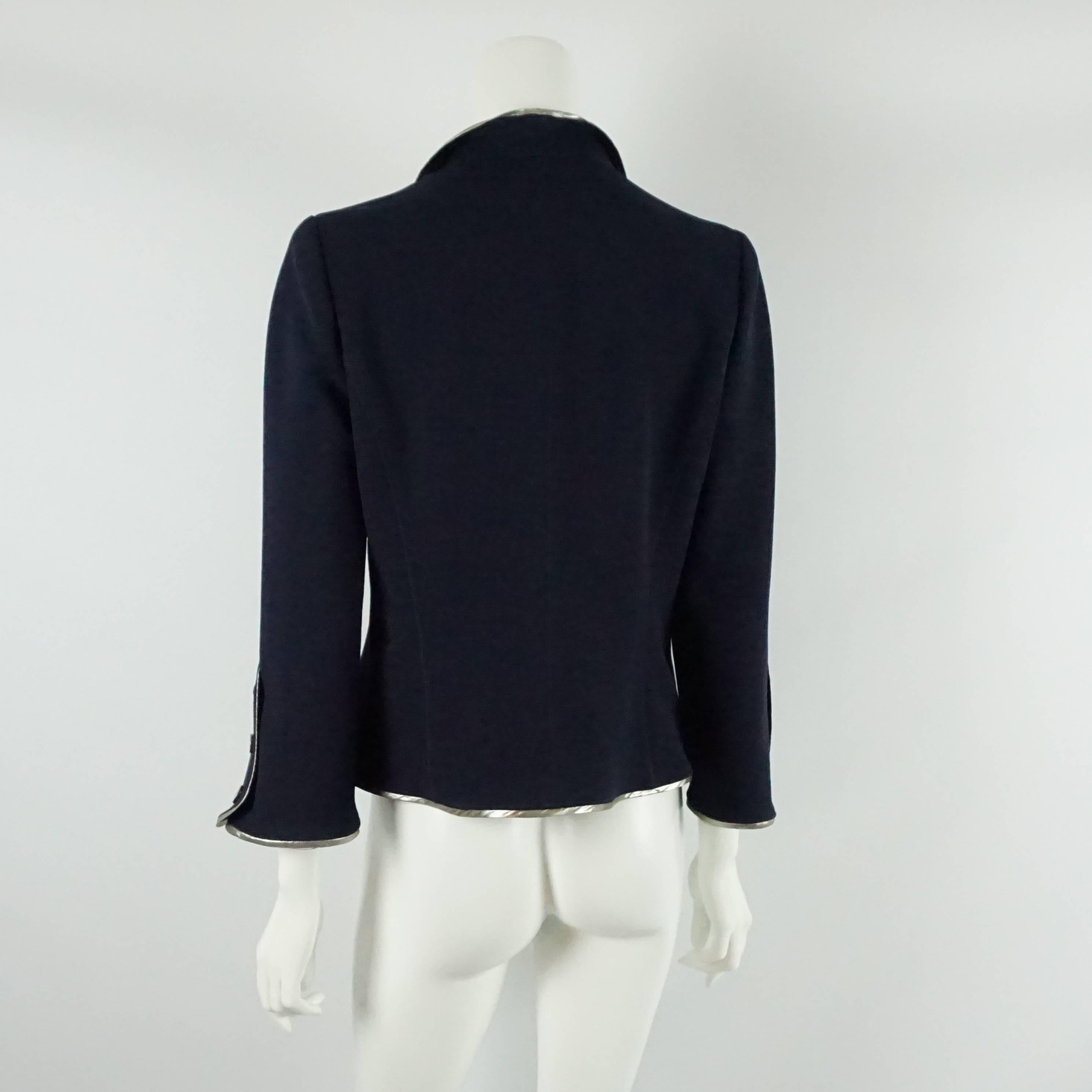 Black Oscar de la Renta Navy Wool Jacket with Silver Trim - 10