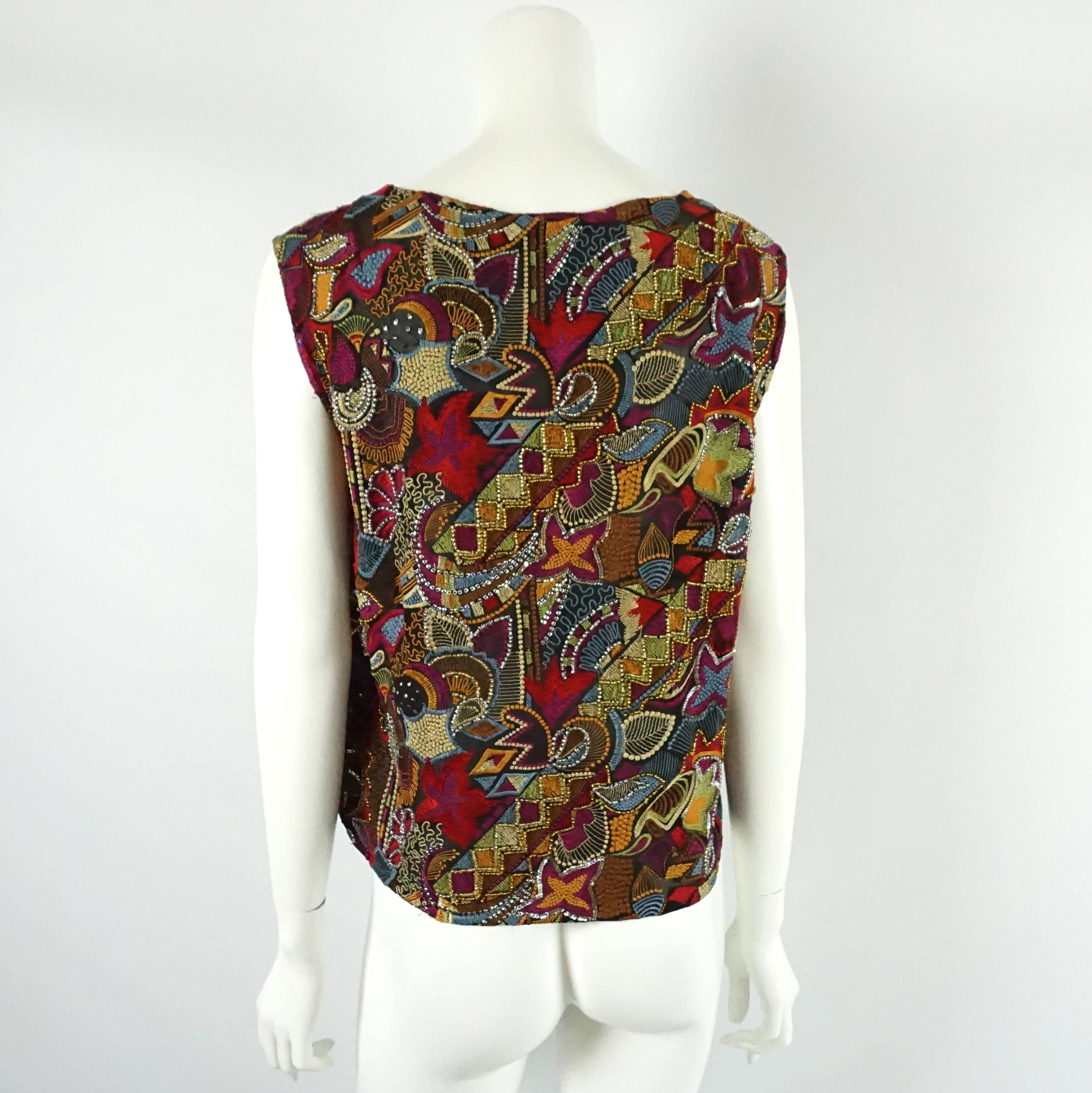 Brown Dries Van Noten Multi Silk Embroidered and Beaded Blouse - 38