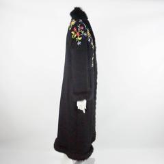 Escada Black Angora Wool Embroidered Coat with Fox Trim - 38
