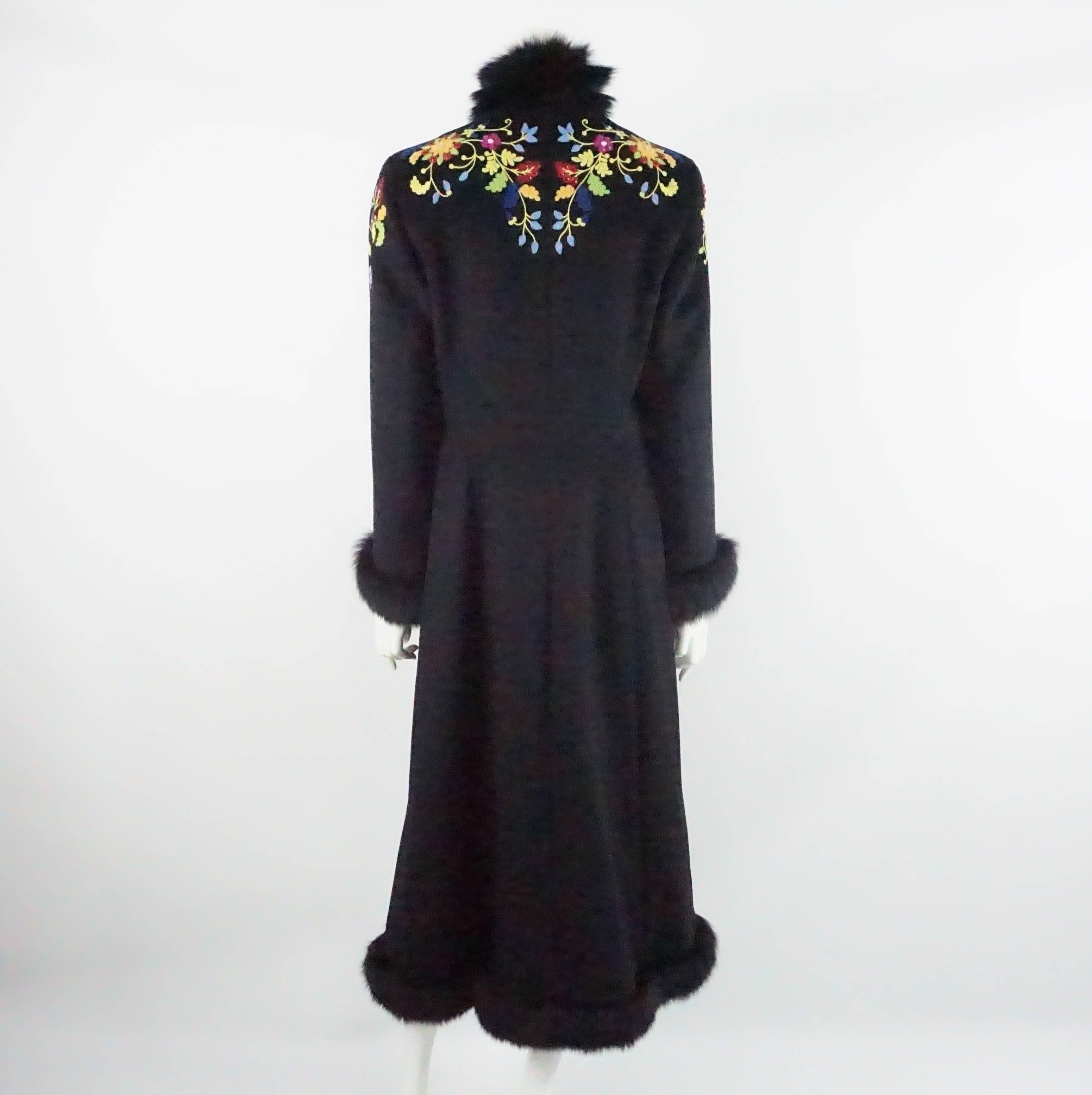 Escada Black Angora Wool Embroidered Coat with Fox Trim - 38 In Excellent Condition In West Palm Beach, FL