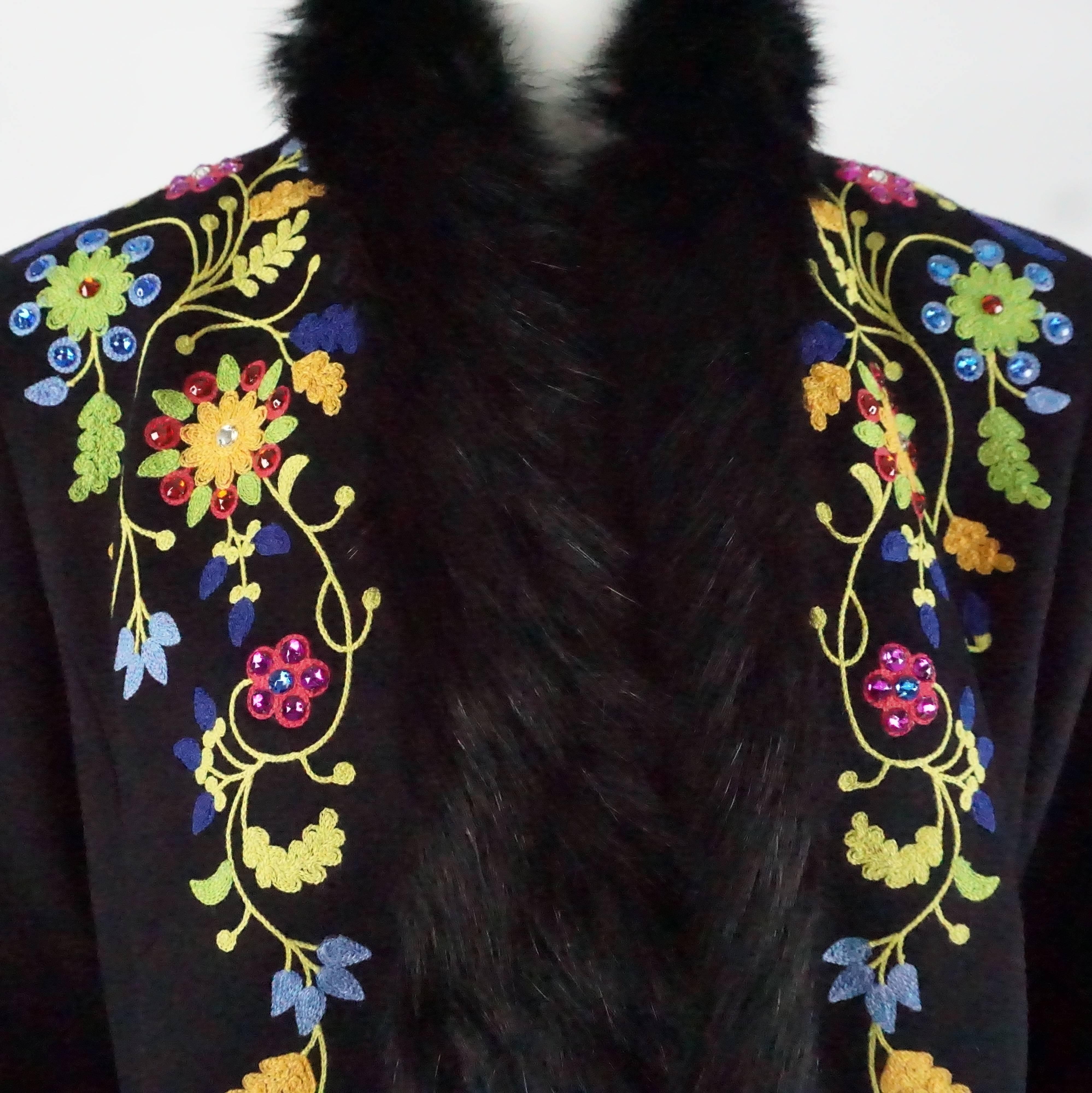 Women's Escada Black Angora Wool Embroidered Coat with Fox Trim - 38