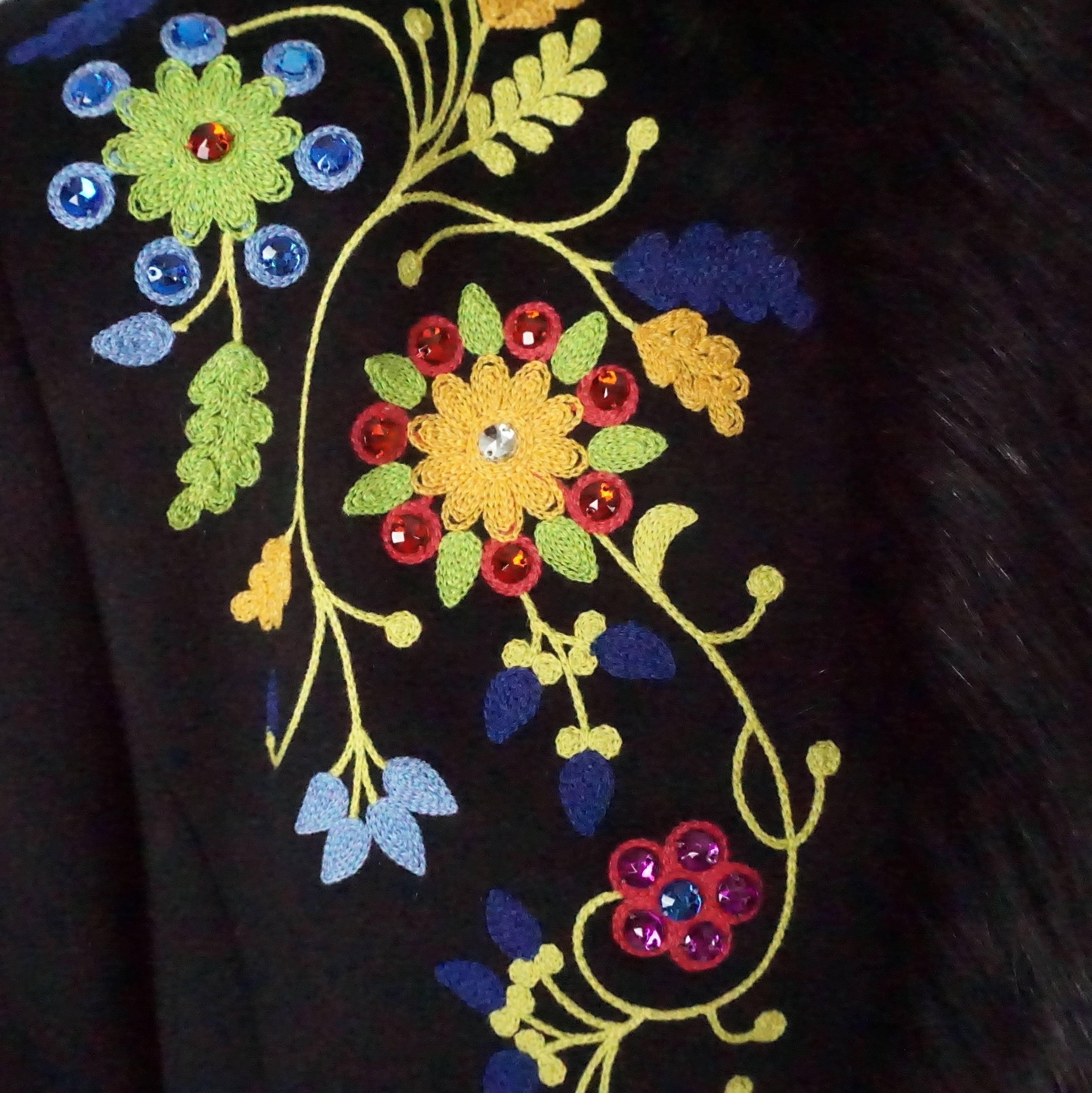 Escada Black Angora Wool Embroidered Coat with Fox Trim - 38 1