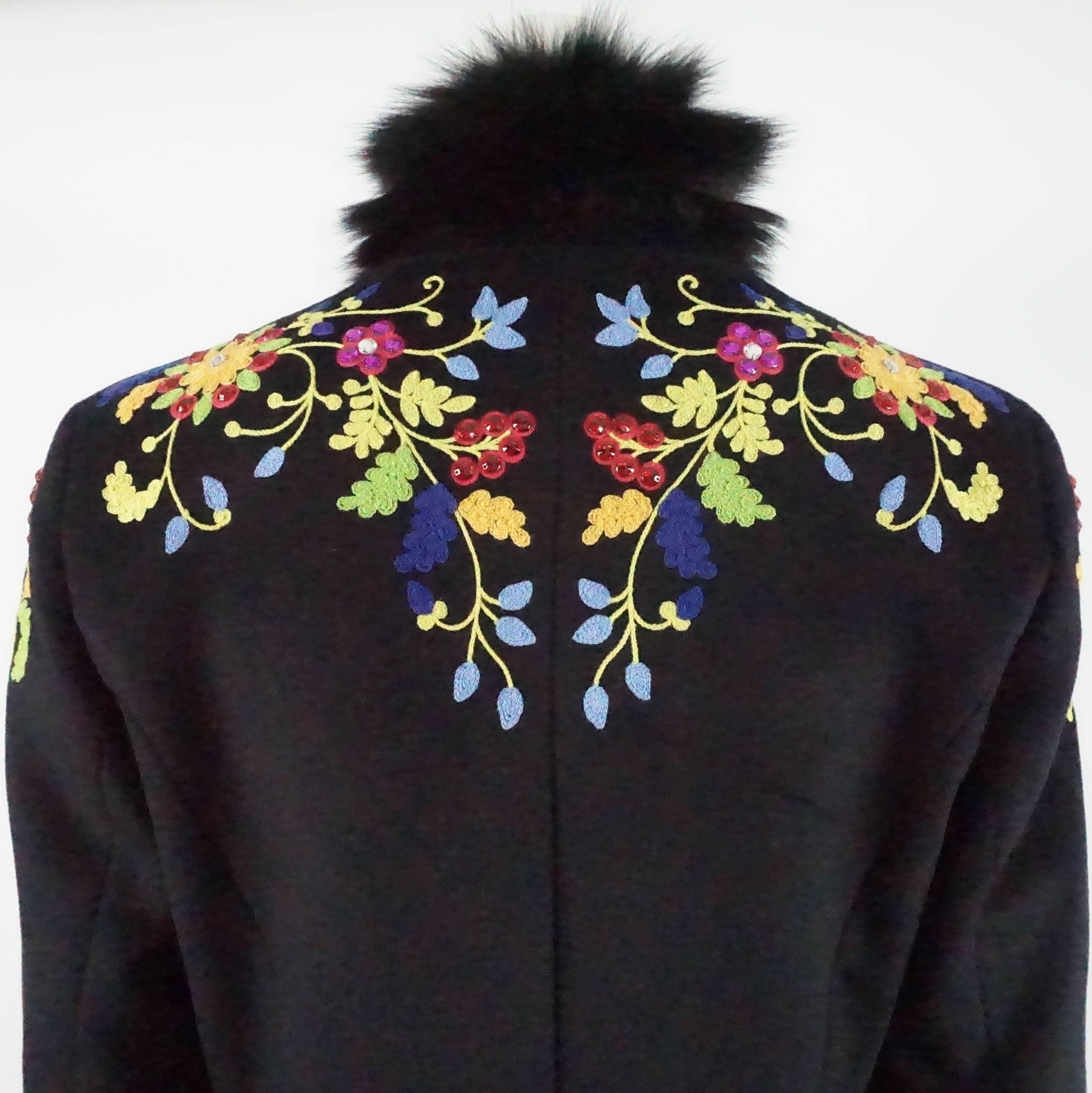 Escada Black Angora Wool Embroidered Coat with Fox Trim - 38 2