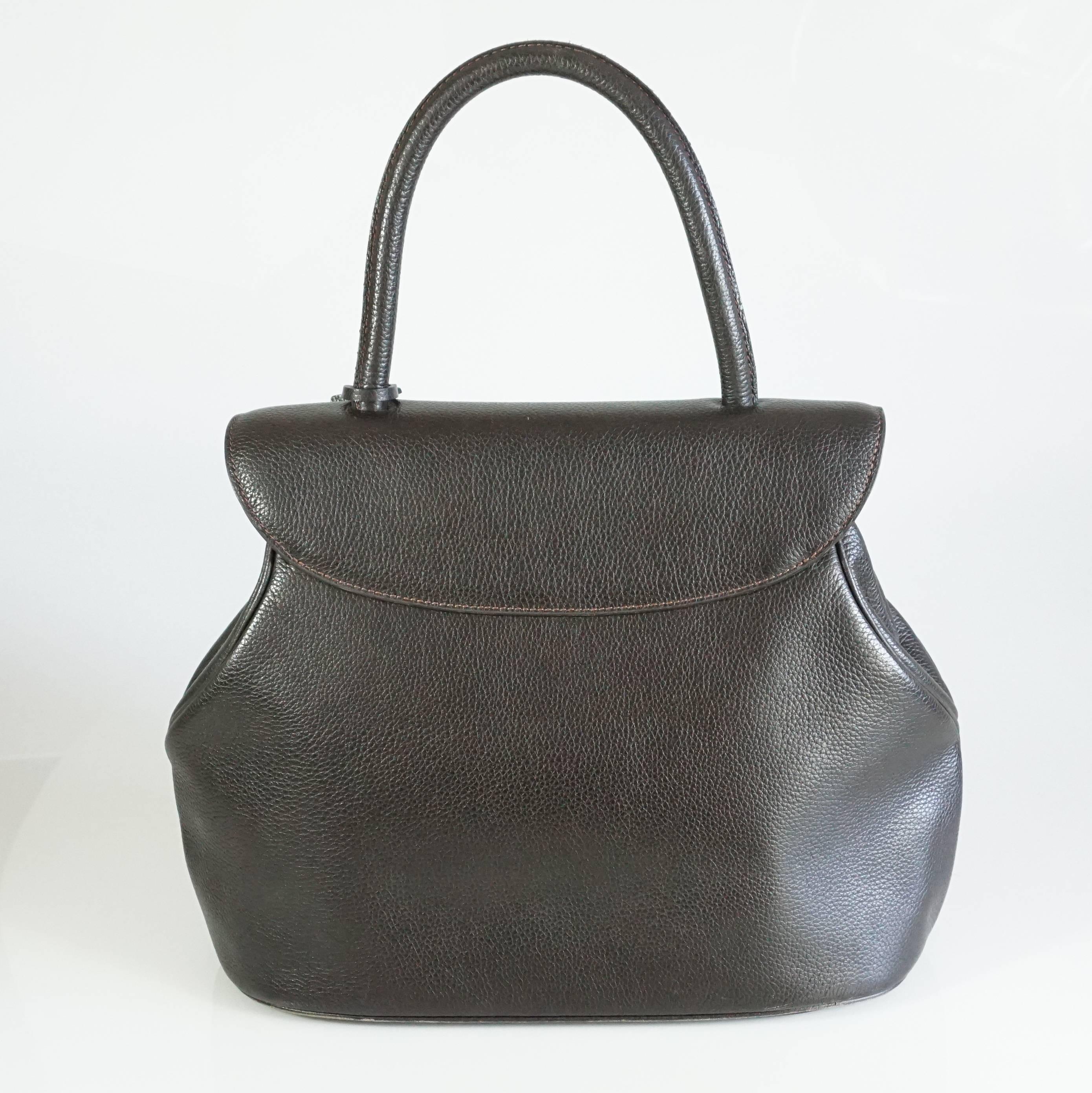 Black Delvaux Brown Pebbled Leather Top Handle Bag 