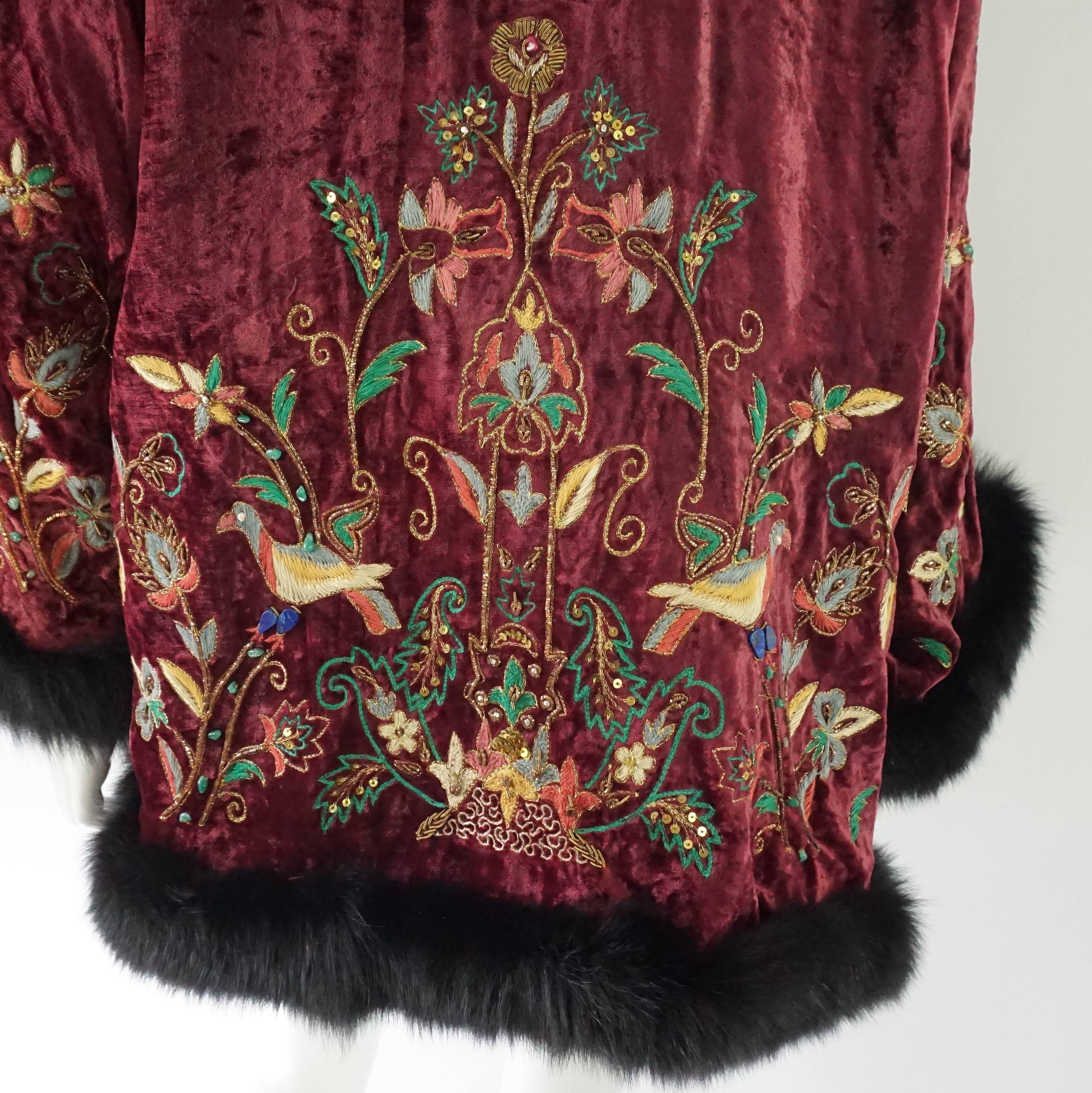 Adrienne Landau Red Velvet and Multi Embroidered Cape with Fox Trim - 10 In Excellent Condition In West Palm Beach, FL
