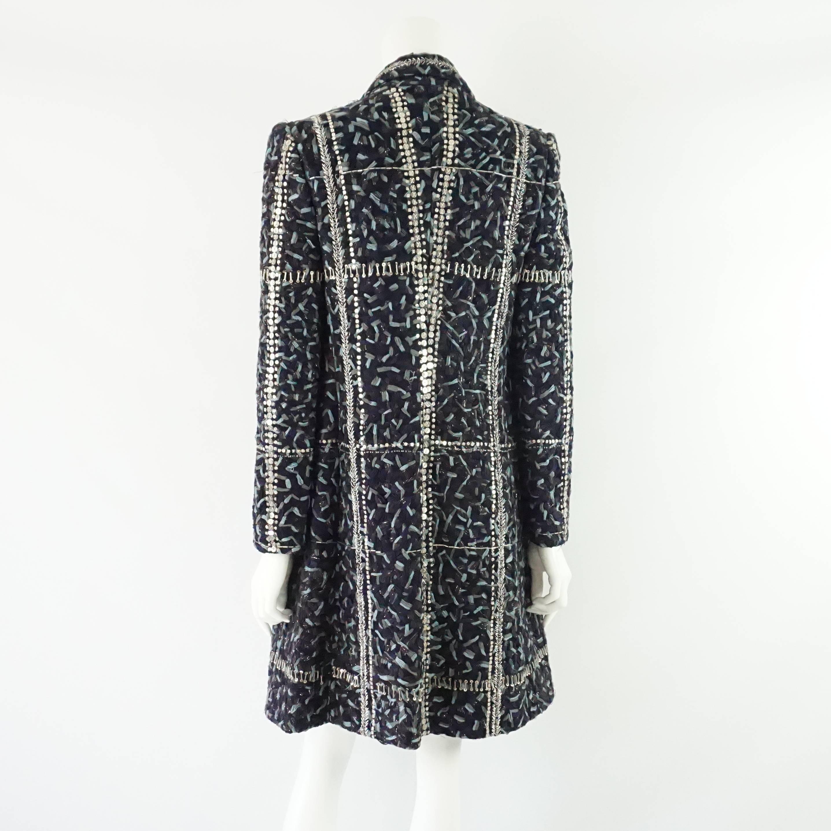 Bill Blass Navy and Gray Wool Coat with Sequin Detail - 6 - 1970's In Excellent Condition In West Palm Beach, FL