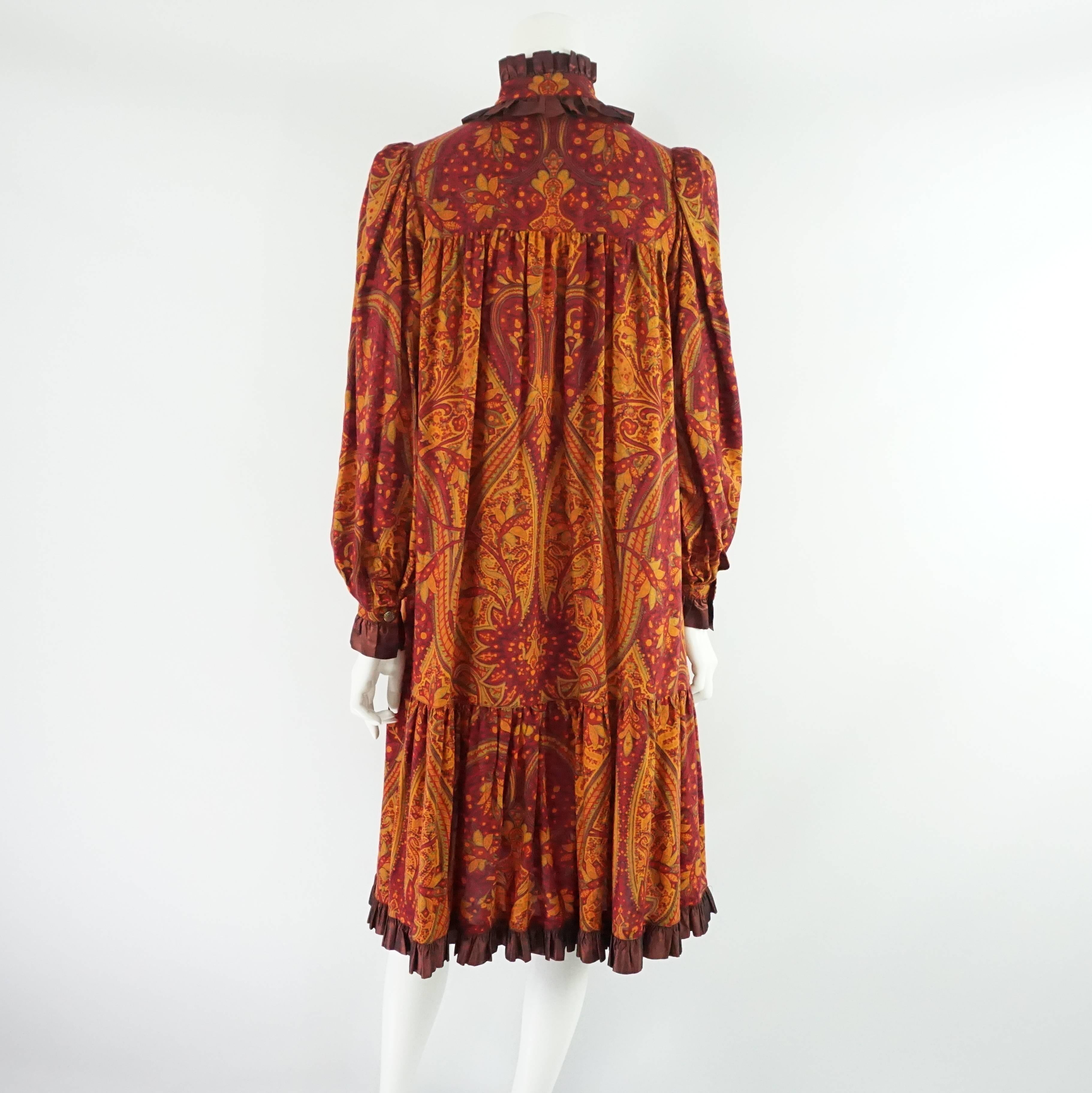 Brown Yves Saint Laurent Vintage Rust Paisley Print Peasant Dress - 36 - 1960's