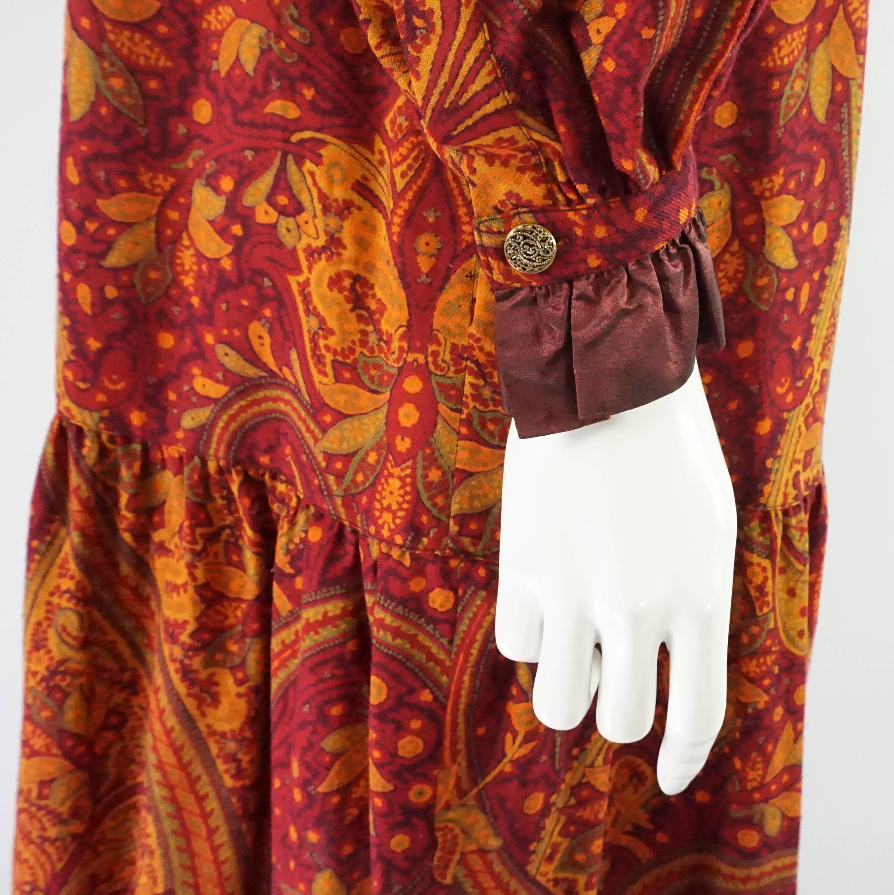 Yves Saint Laurent Vintage Rust Paisley Print Peasant Dress - 36 - 1960's In Excellent Condition In West Palm Beach, FL