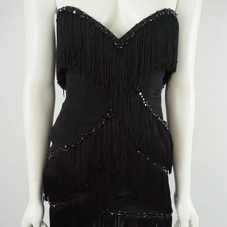 Bob Mackie Black Strapless Fringe Dress with Rhinestones - M - 1980's ...