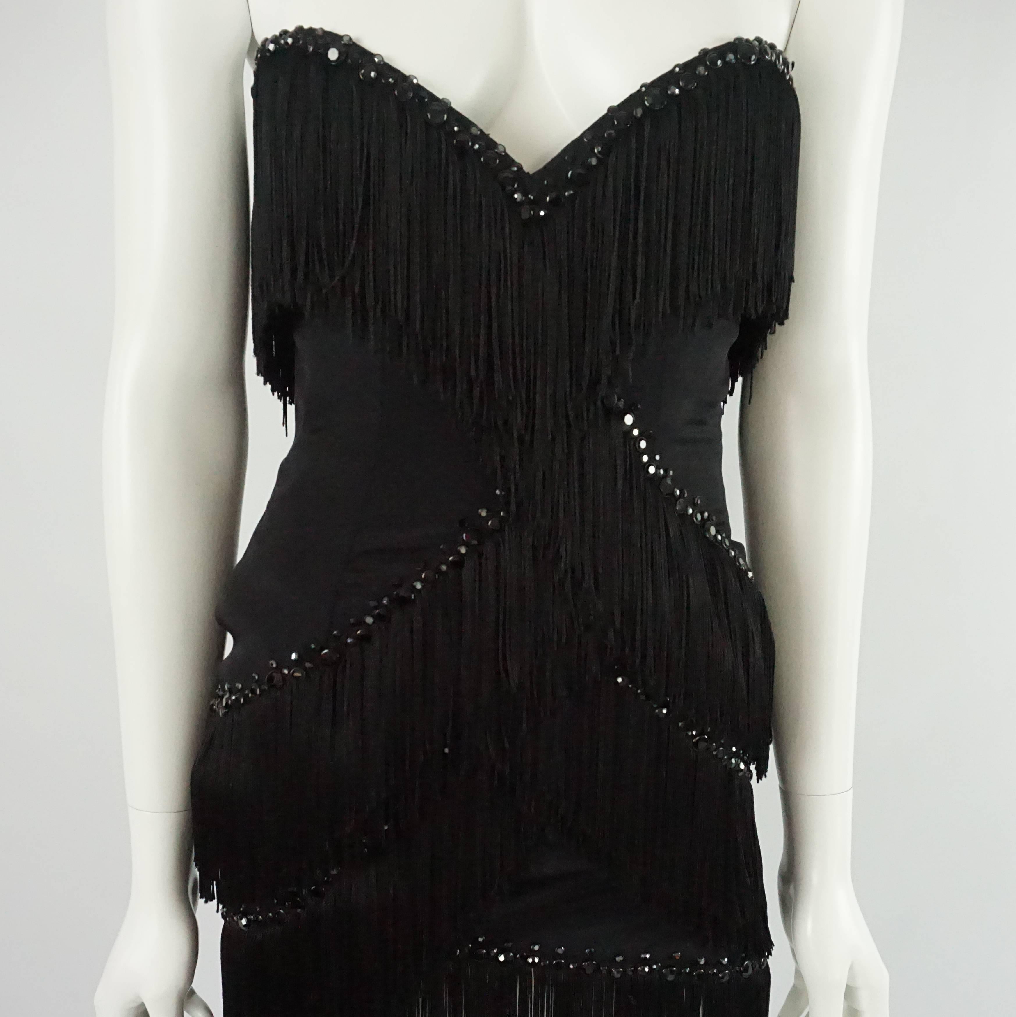 Bob Mackie Black Strapless Fringe Dress with Rhinestones - M - 1980's  In Excellent Condition In West Palm Beach, FL