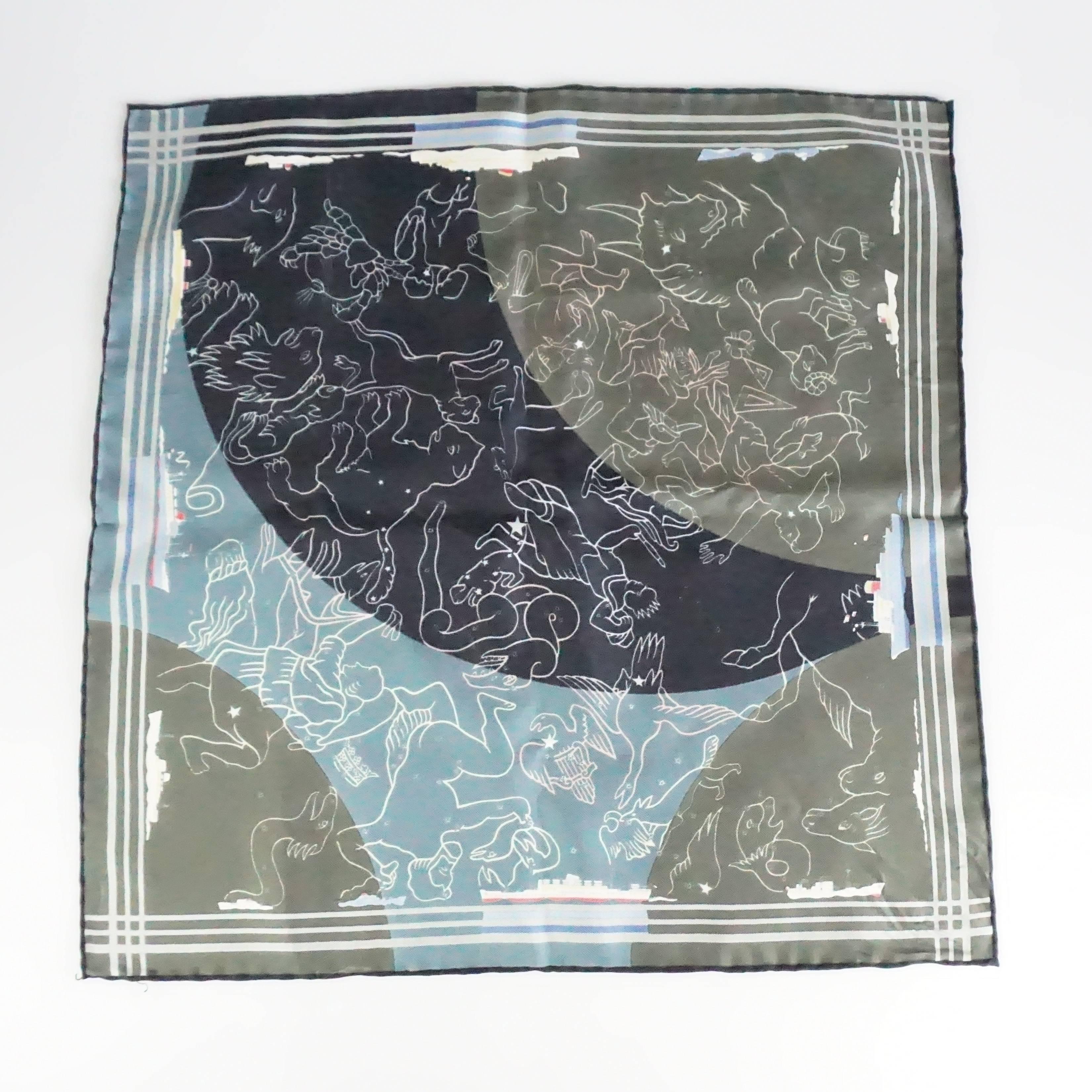 This silk Hermes pocket square has blue and white ships around the border, a yellow, orange, and pink astronomy / constellation design, and a striped border. This pocket square is in excellent condition.

Measurements
Height: 16.5”
Width: 16.5”
