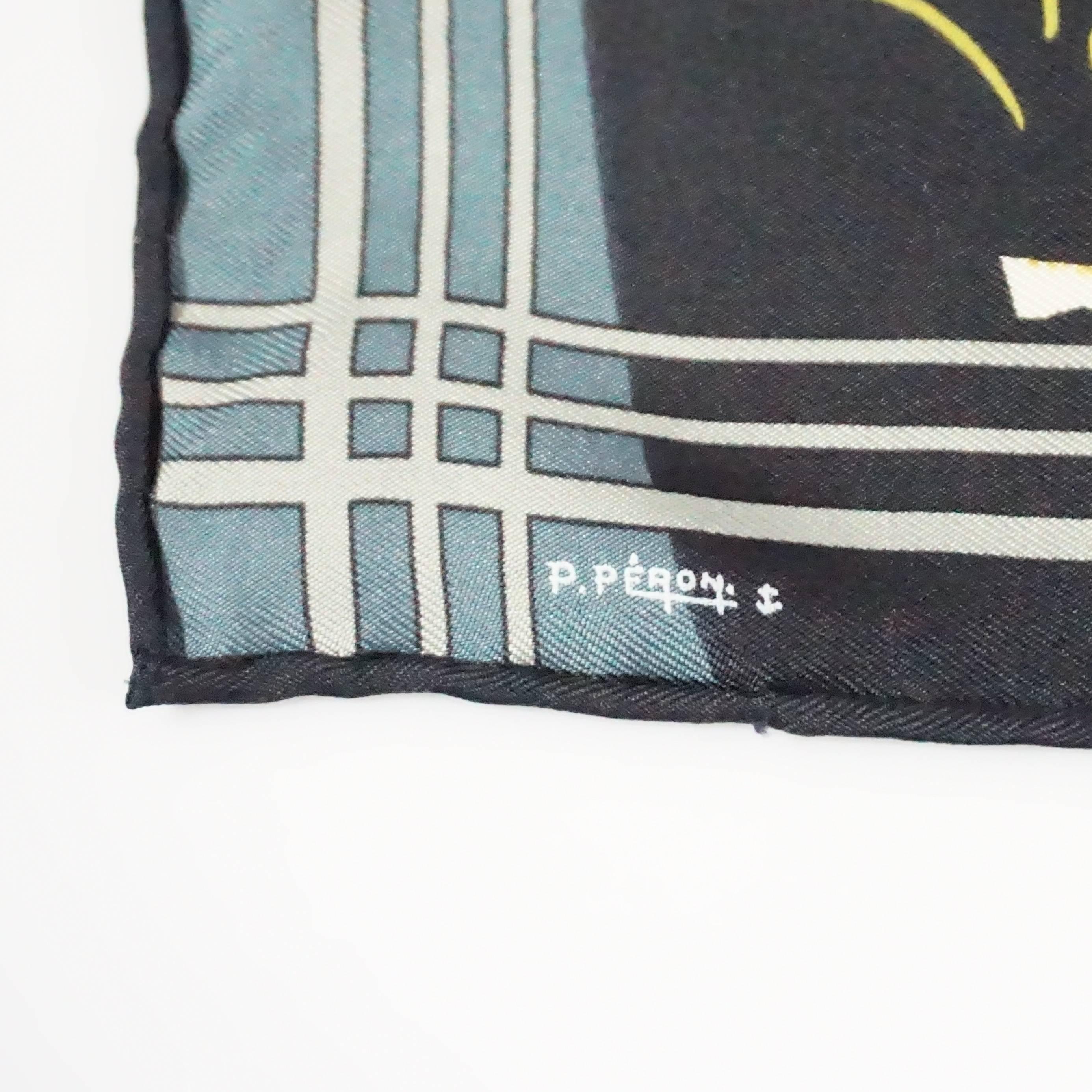 Hermes Silk Black, Gray, and Olive Astronomy Print Pocket Square In Excellent Condition In West Palm Beach, FL