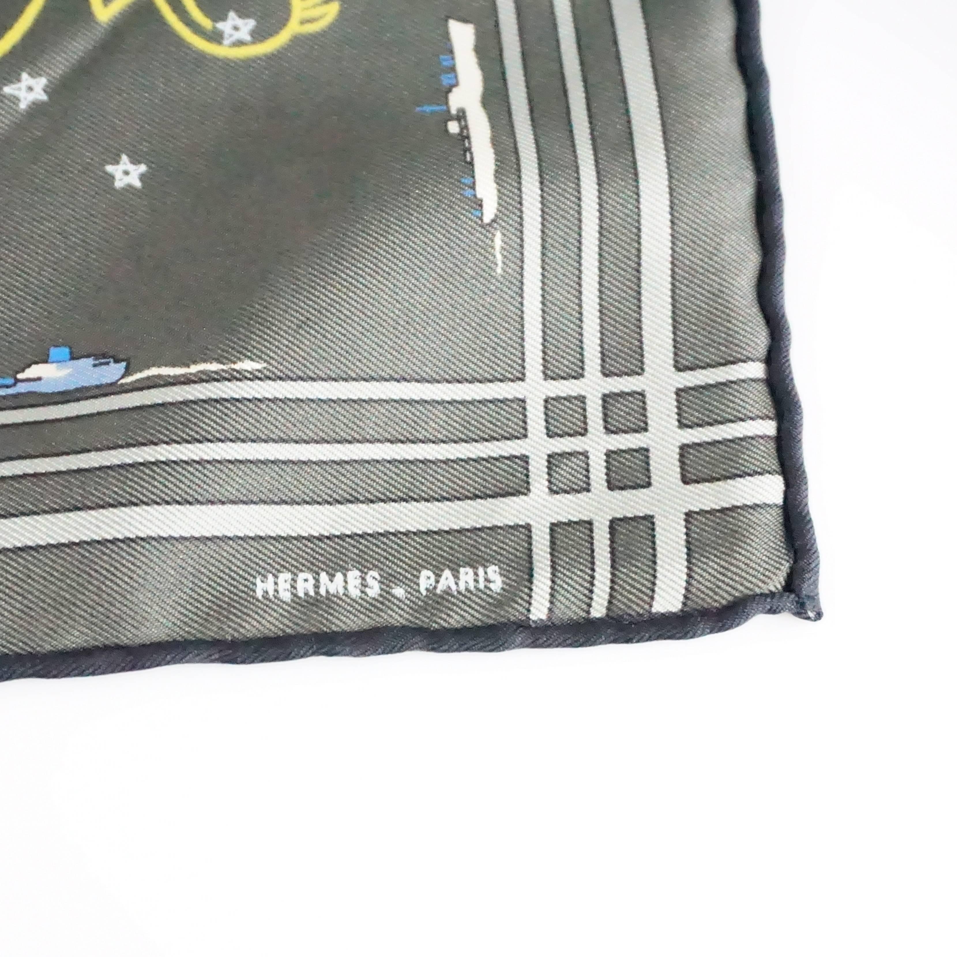 Women's or Men's Hermes Silk Black, Gray, and Olive Astronomy Print Pocket Square