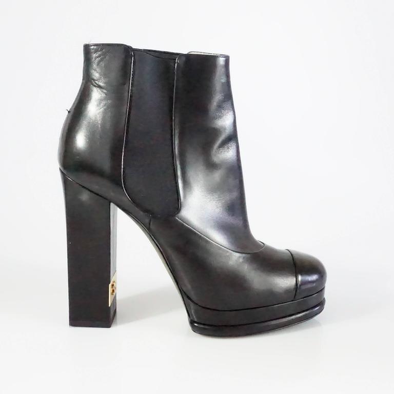 Chanel Black Leather Platform Ankle Boots - 37.5 For Sale at 1stDibs