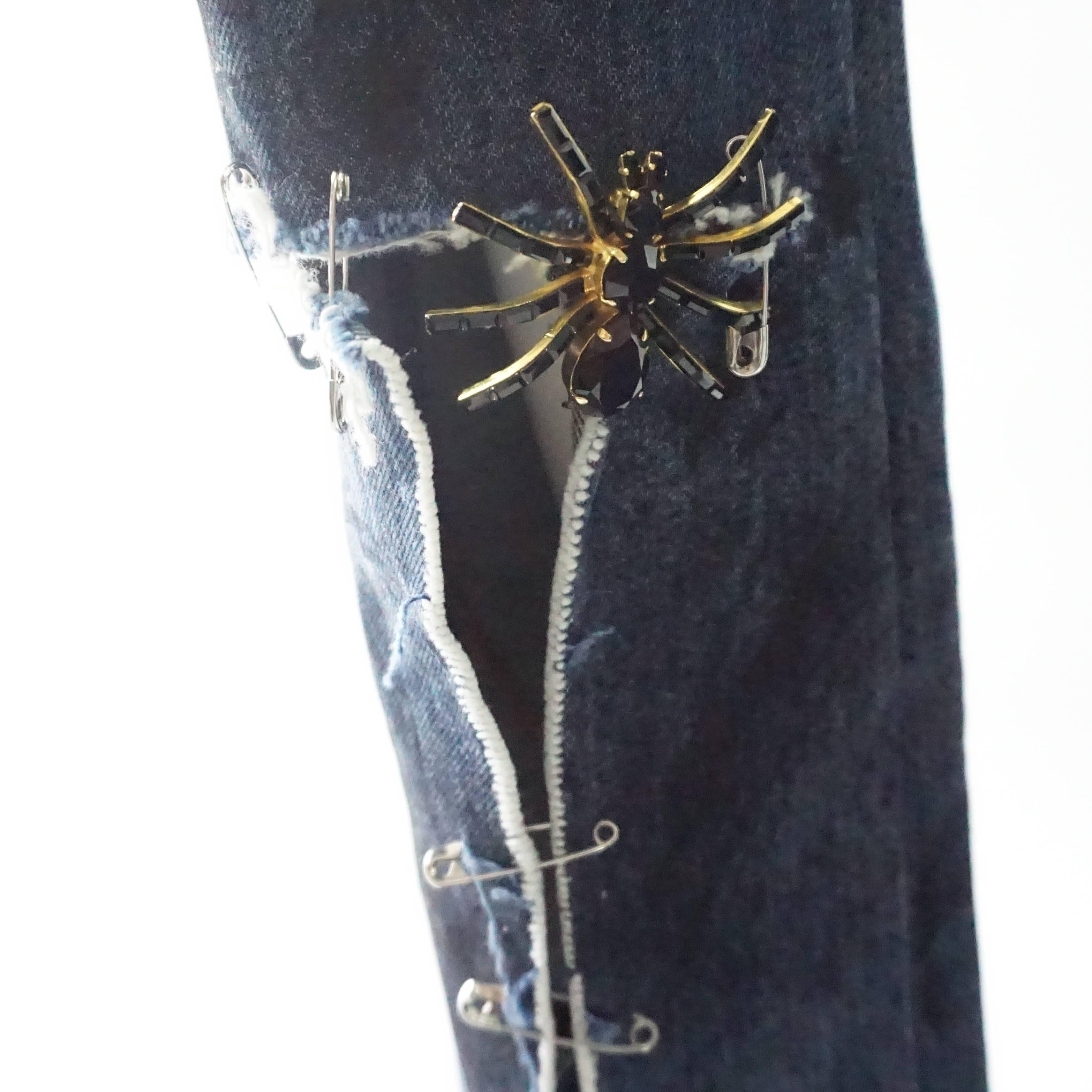 Gray Dolce & Gabbana Ripped Grunge Jeans with Rhinestone Brooches - S