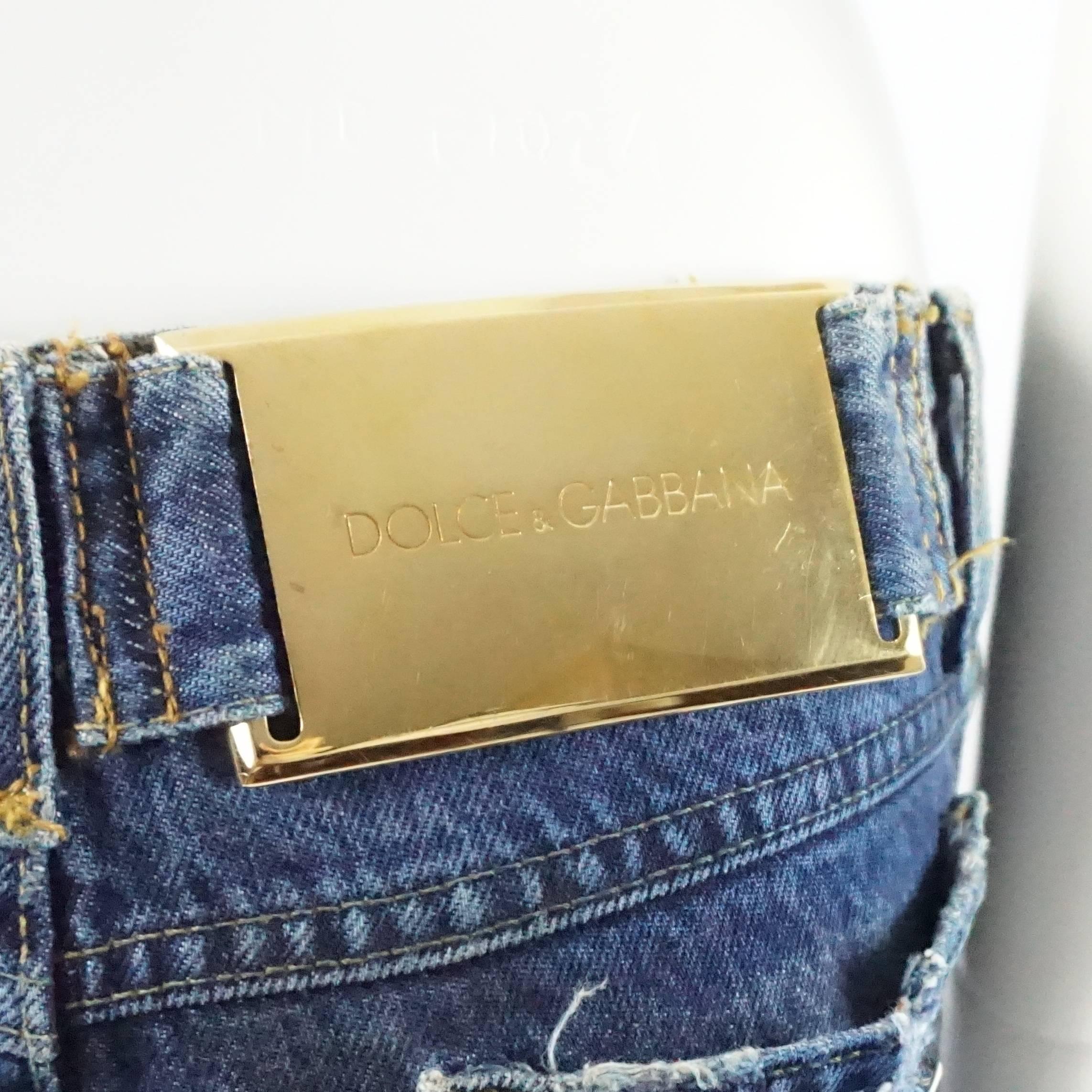 Women's Dolce & Gabbana Ripped Grunge Jeans with Rhinestone Brooches - S