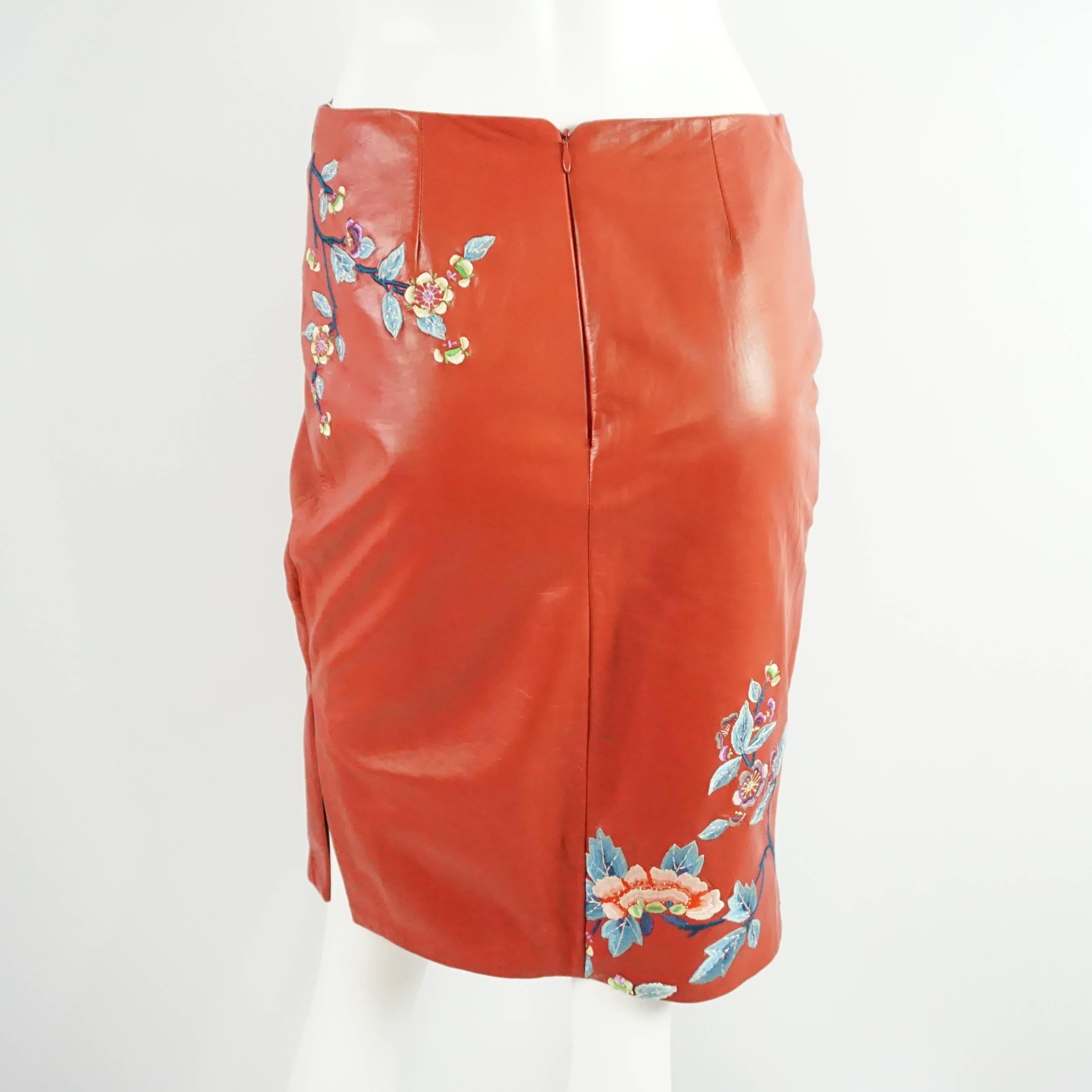 Ralph Lauren Red Leather Skirt with Embroidery - 10 In Good Condition In West Palm Beach, FL
