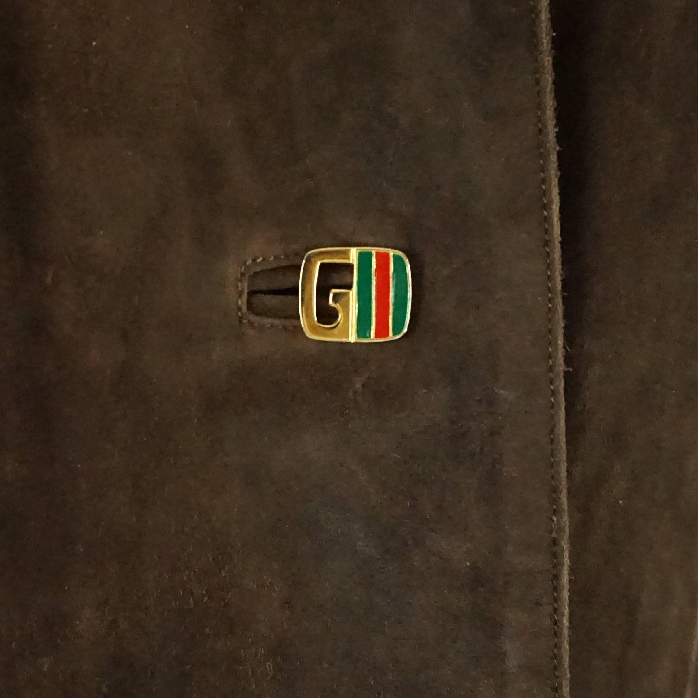 Black Gucci Brown Suede Monogram Long Jacket - 44 - 1970's 