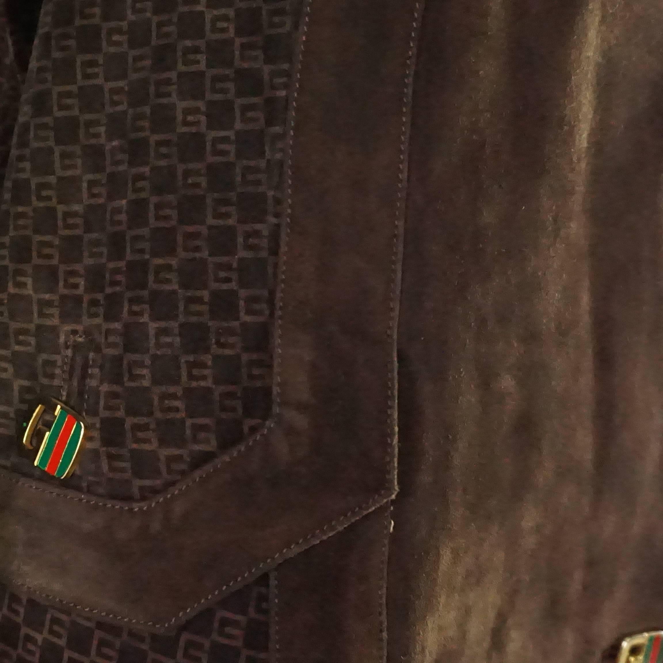 Gucci Brown Suede Monogram Long Jacket - 44 - 1970's  In Good Condition In West Palm Beach, FL